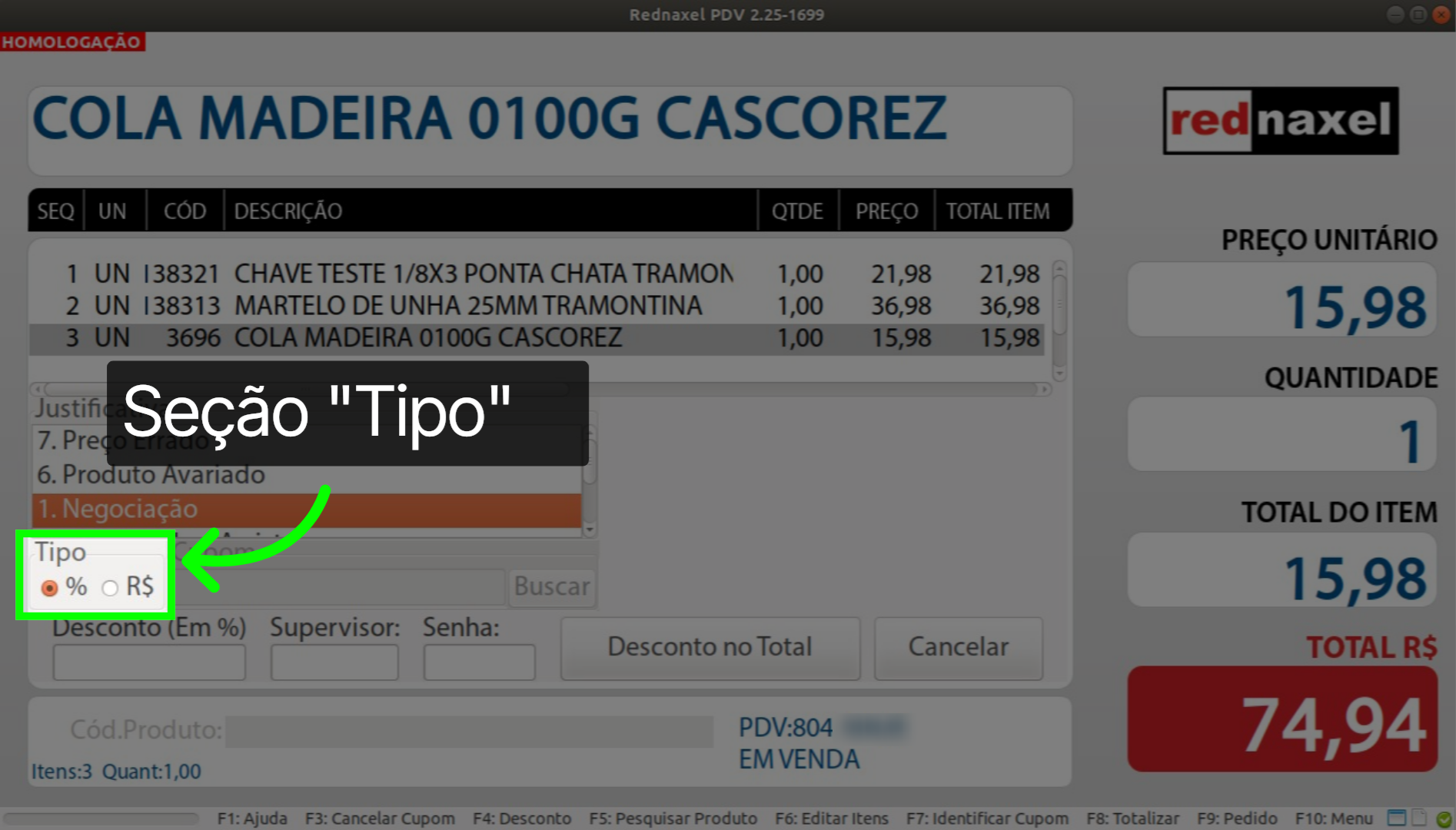 PDV: Tela Desconto >>> Seção 'Tipo'
