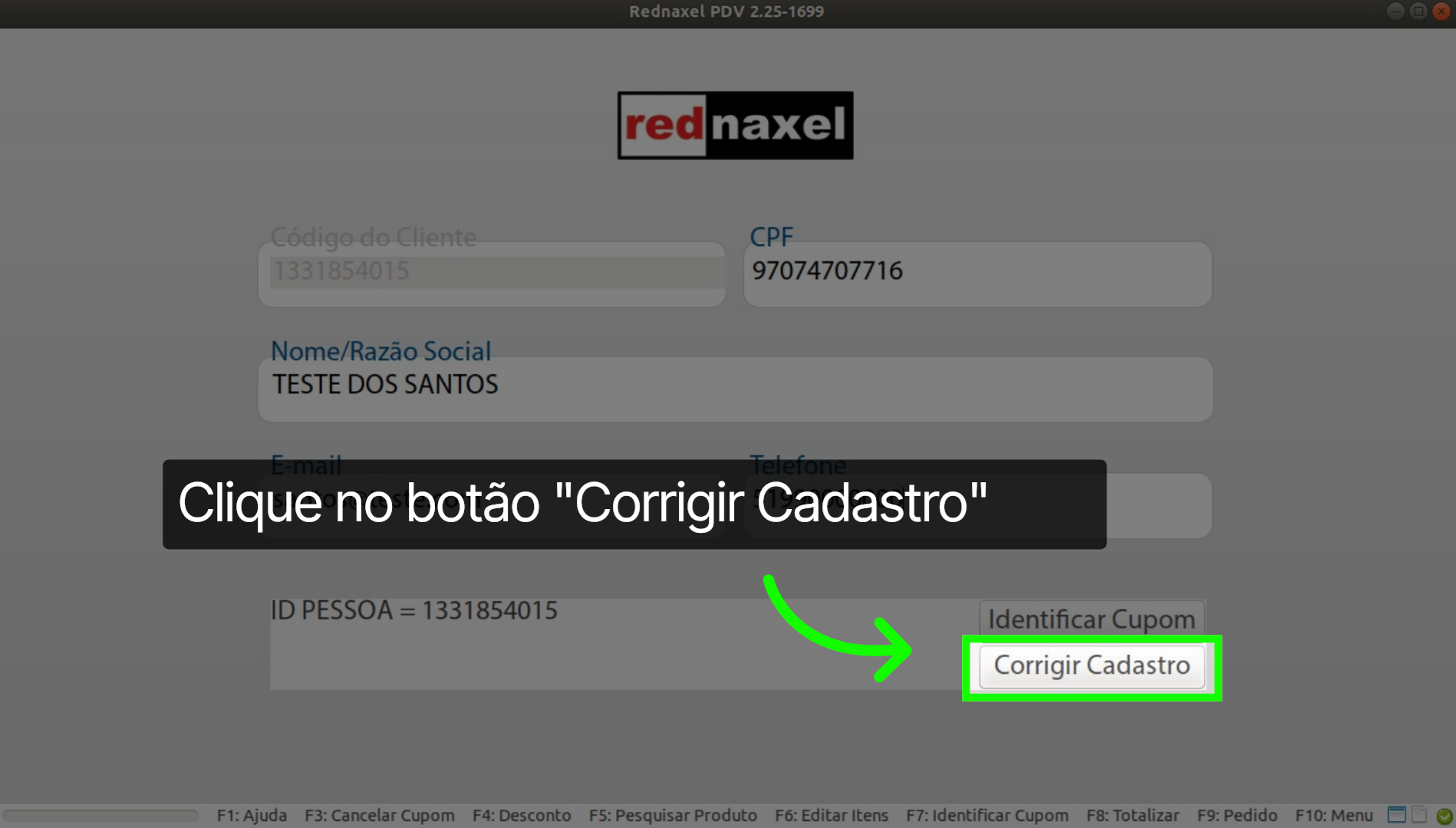 Tela: Identificar Cupom >>> Cadastro Existente >>> Botão 'Corrigir Cadastro'