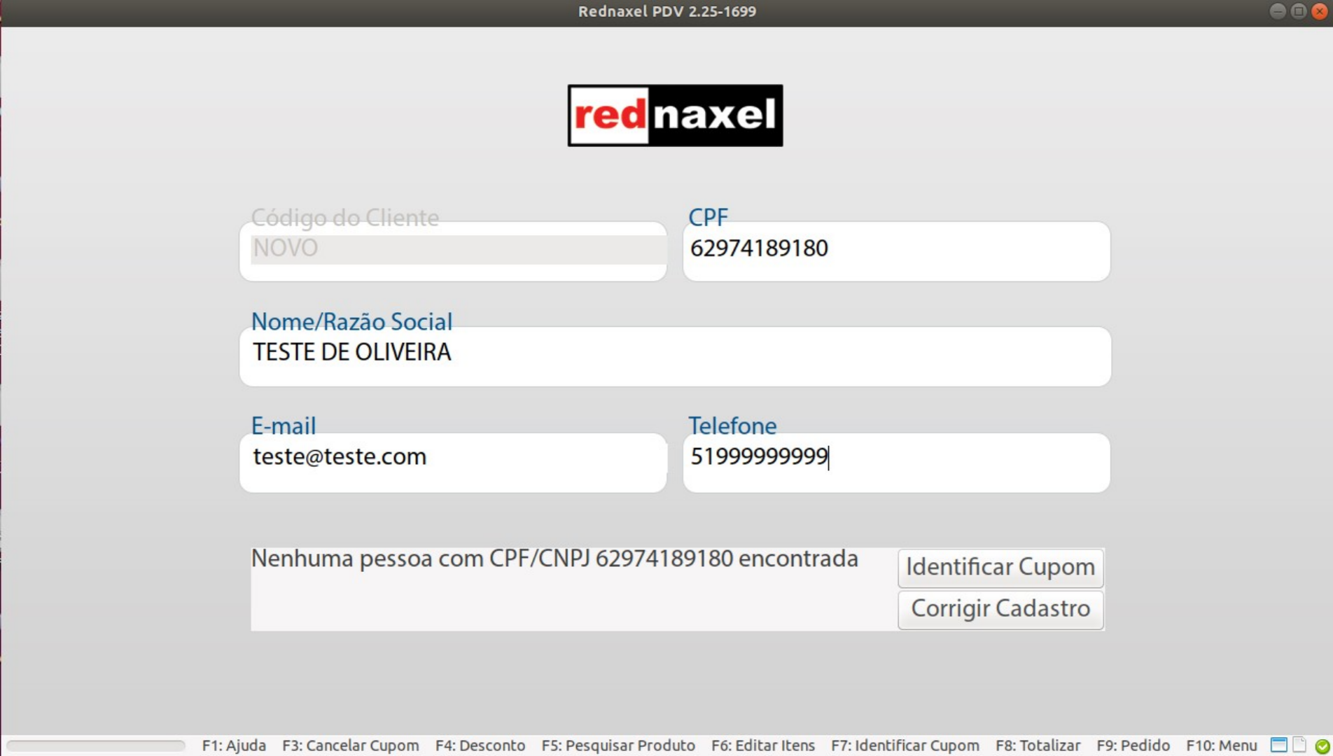 Tela: Identificar Cupom >>> Cadastro Rápido Preenchido