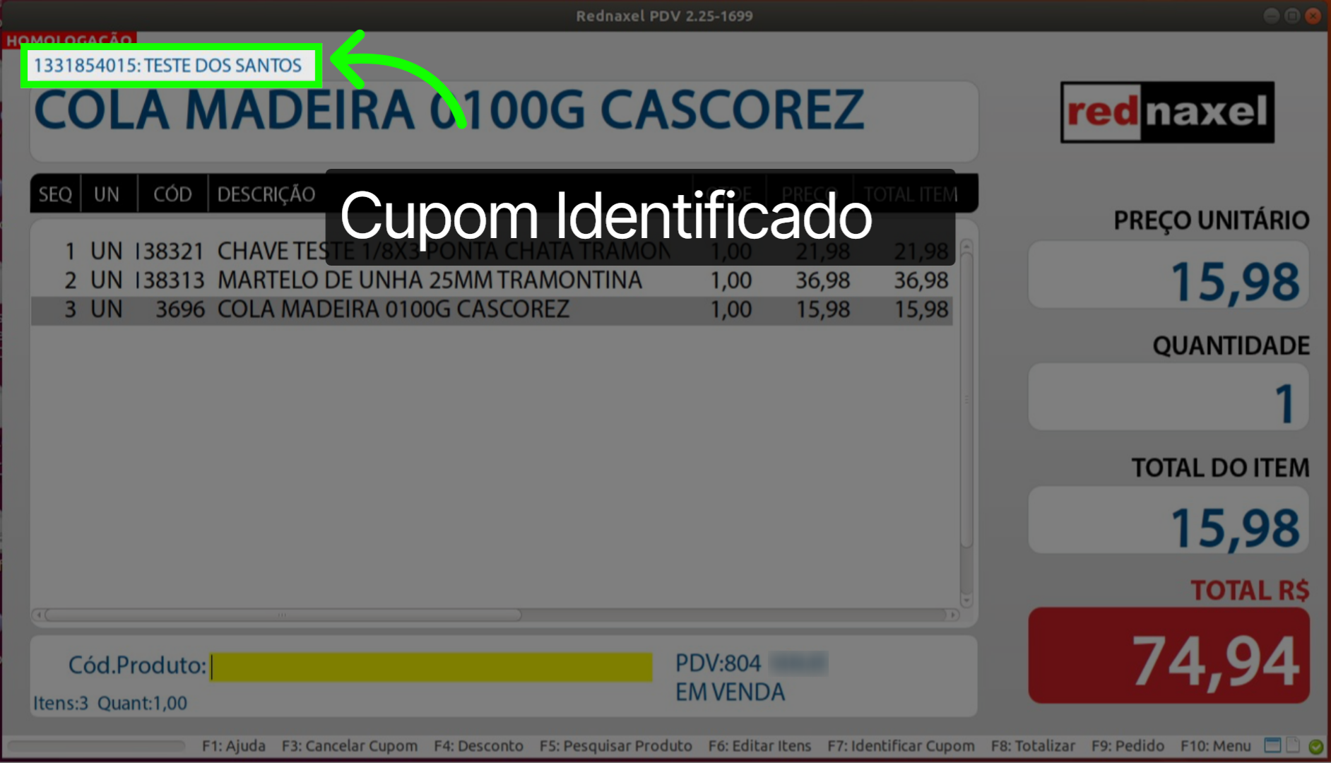 Tela Inicial >>> Cupom Identificado