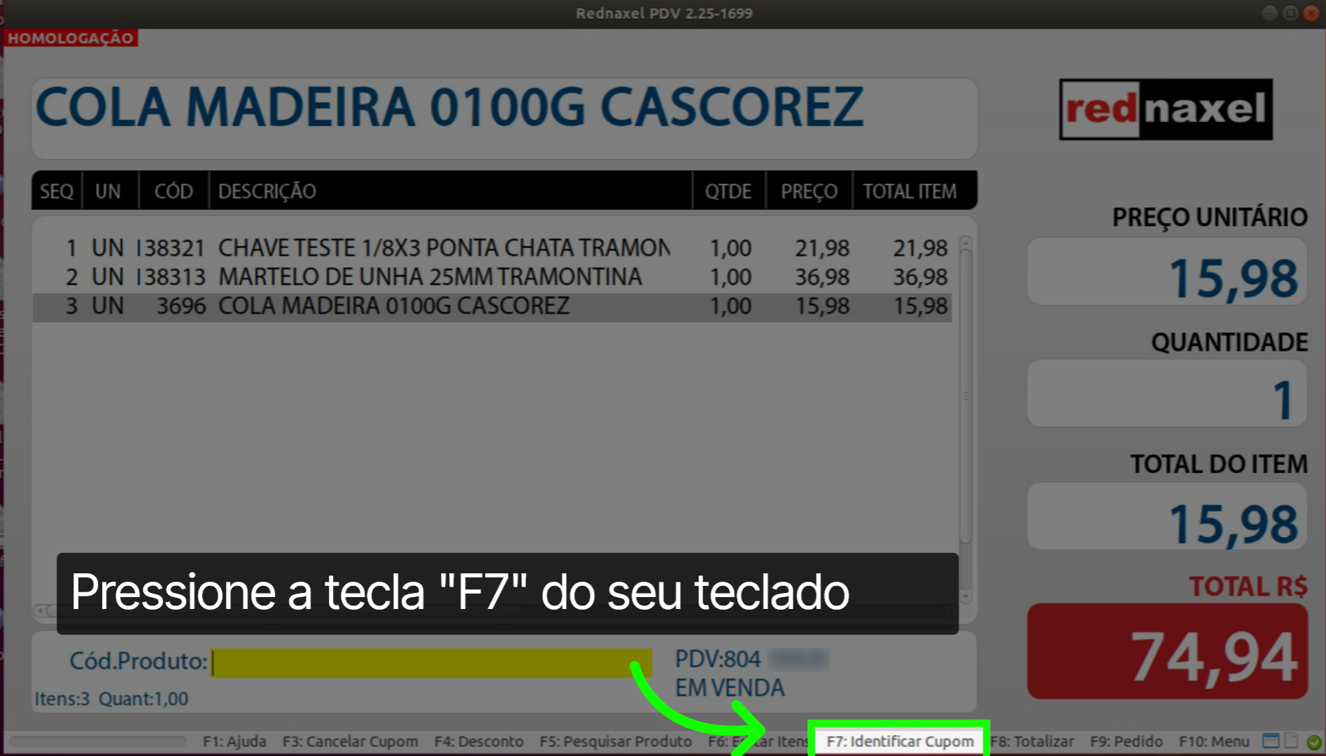 Opção: F7 - Identificar Cupom