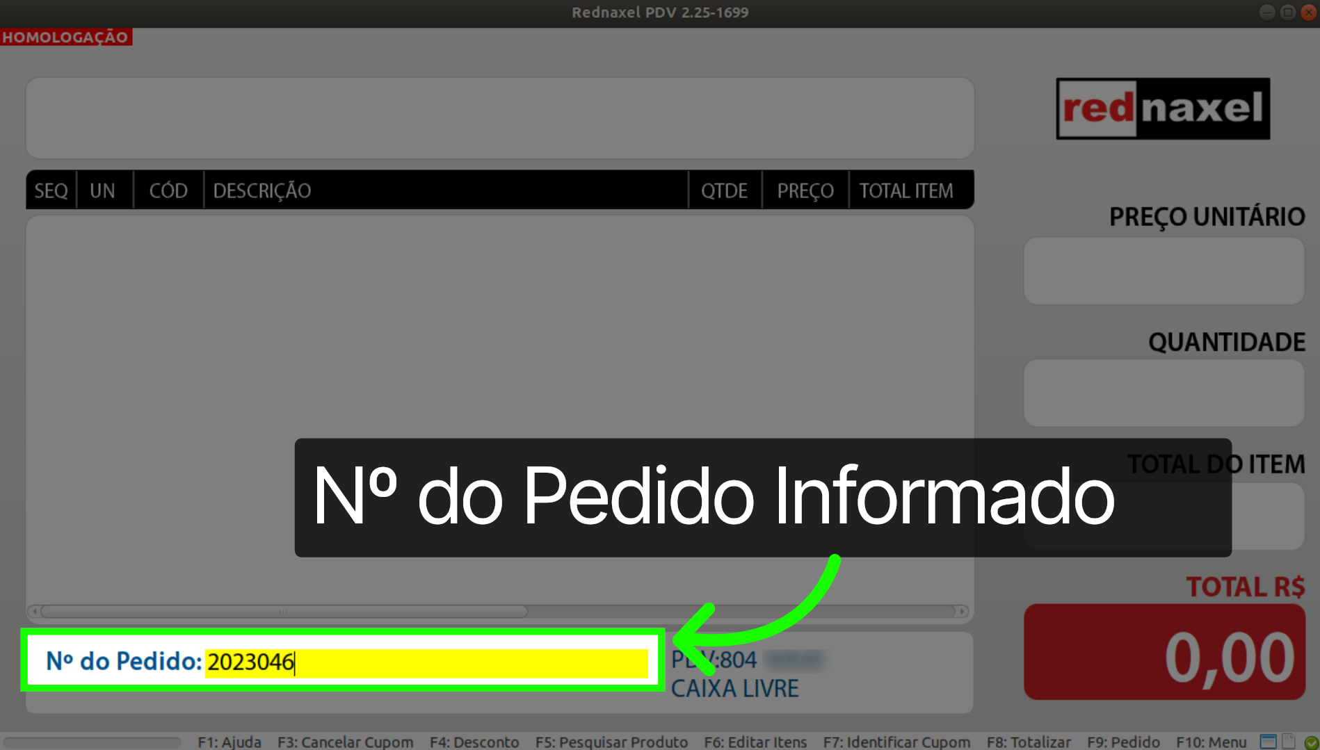 PDV >>> Tela Inicial >>> Exemplo: Importação de Pedido >>> Campo: Nº do Pedido