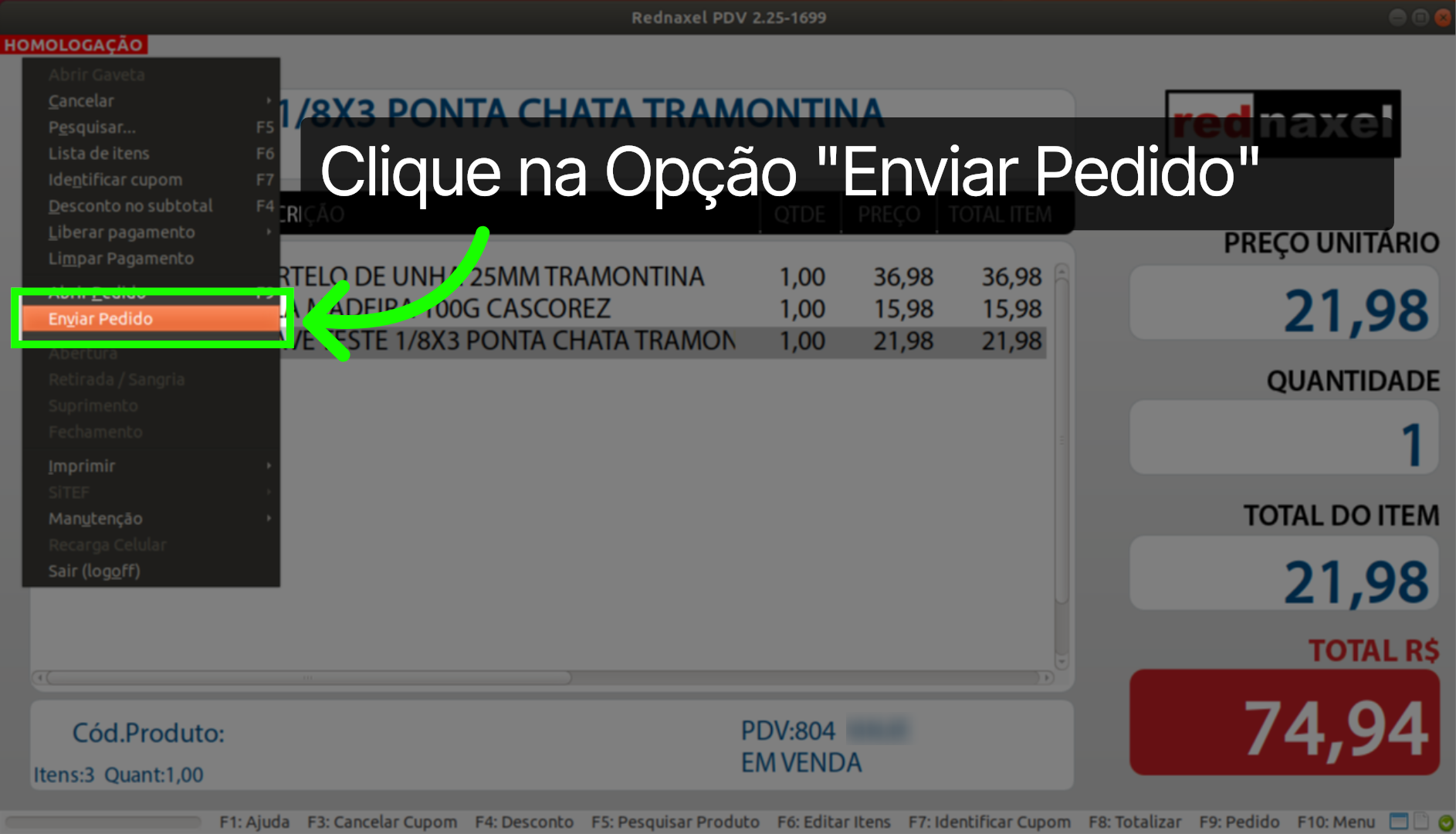 PDV >>> Tela Inicial >>> Exemplo: Exportação >>> Menu >>> Opção: Enviar Pedido