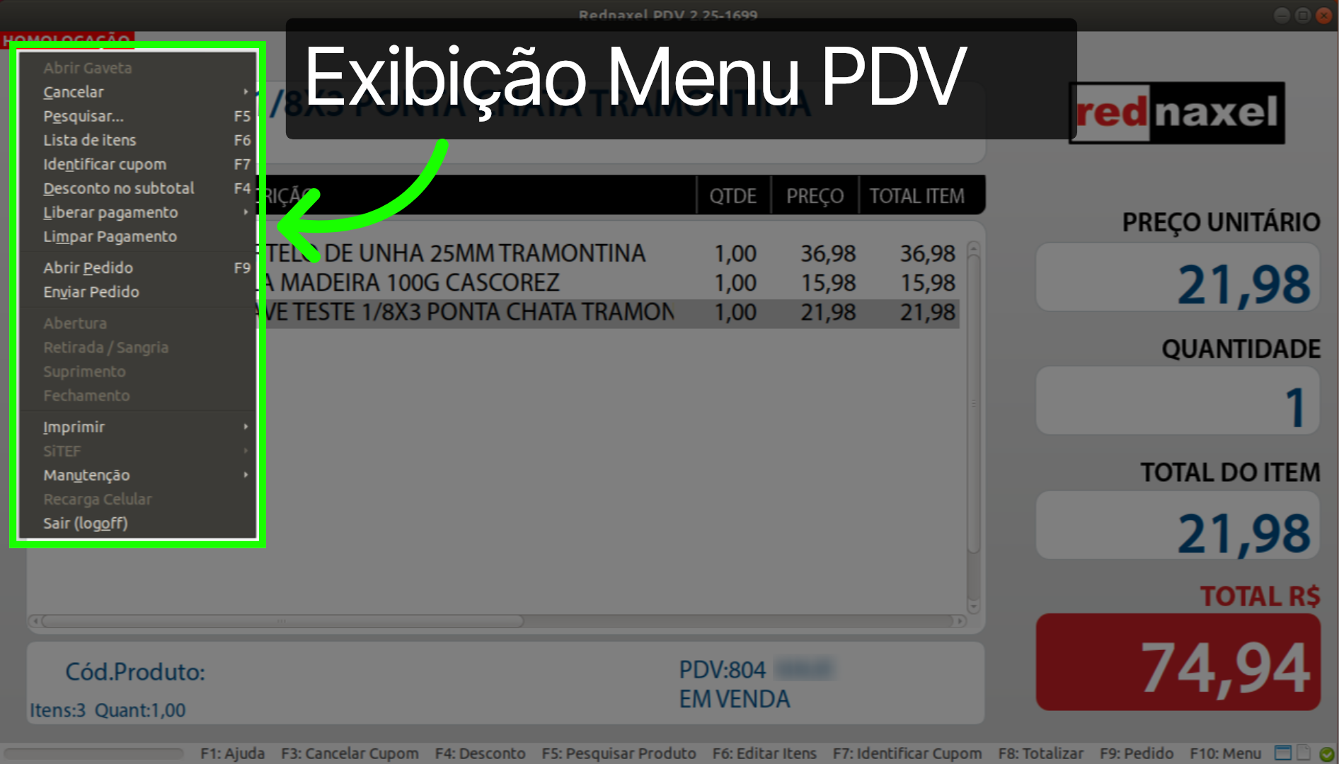 PDV >>> Tela Inicial >>> Exemplo: Exportação >>> Menu: