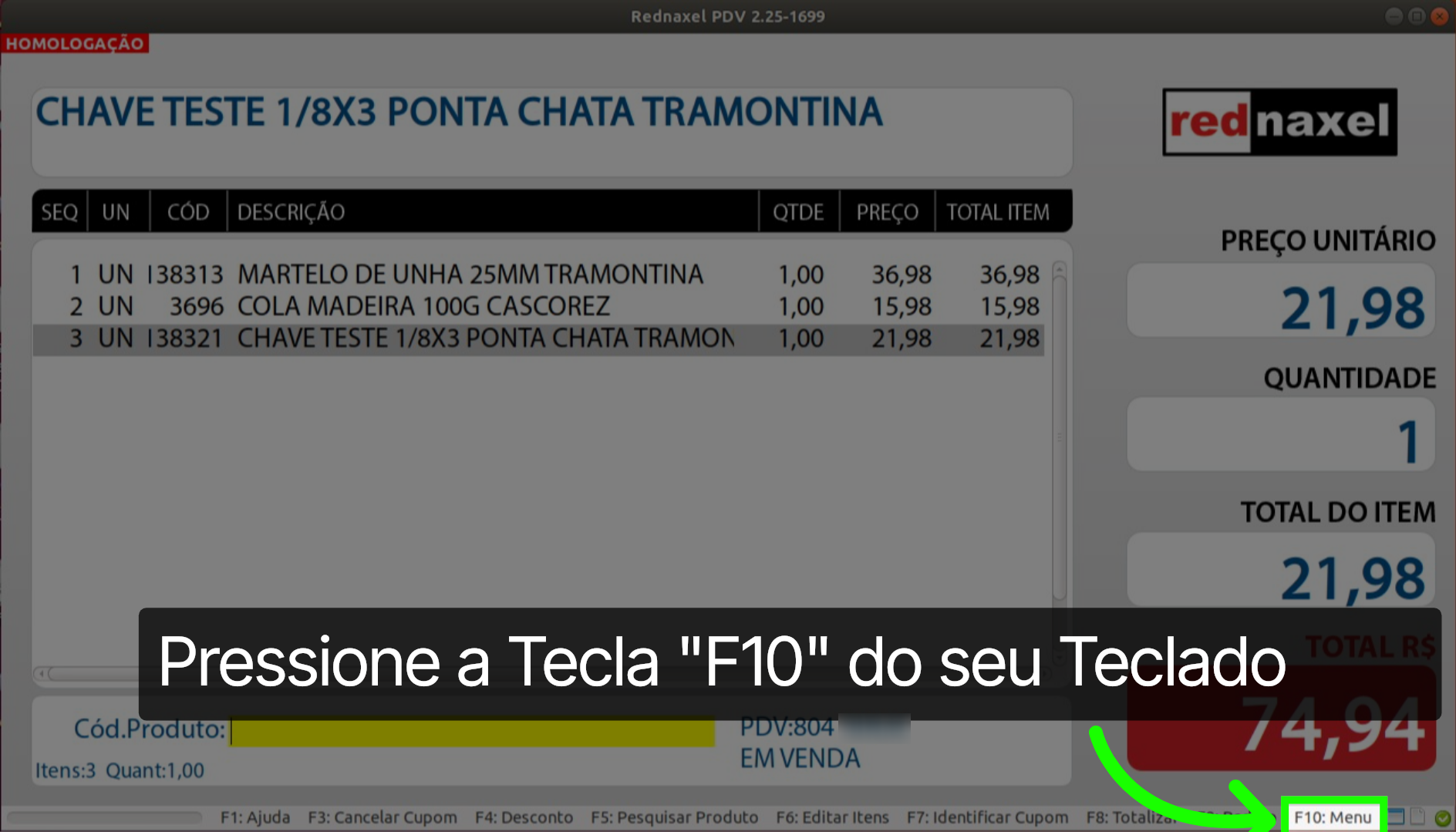 PDV >>> Tela Inicial >>> Exemplo: Exportação >>> Tecla de Atalho 'F10':