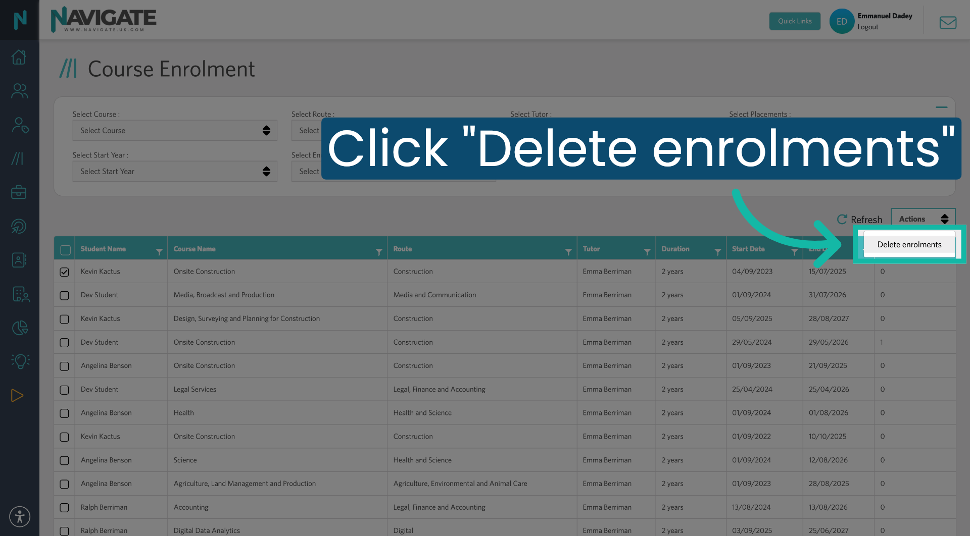 Delete Enrolments Option