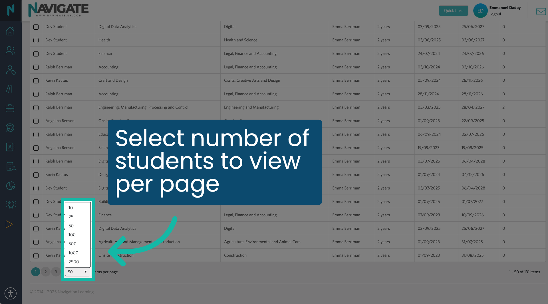 Number of students per page