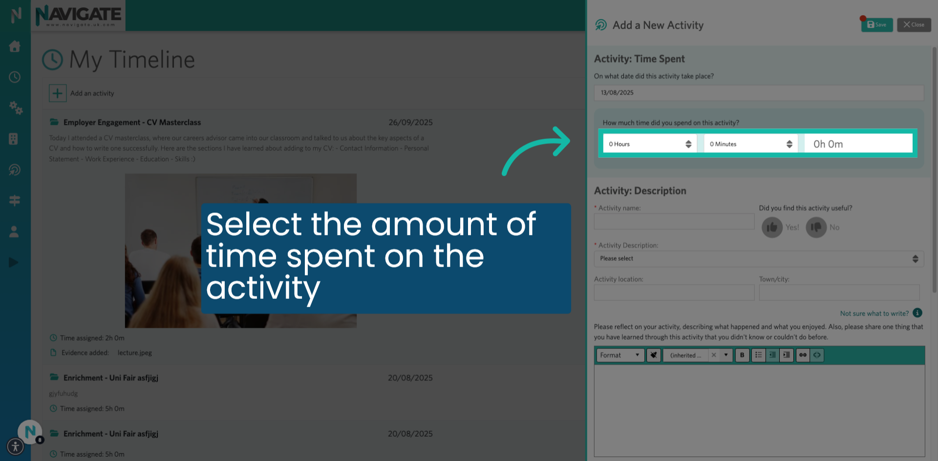 Select the amount of time spent on the activity