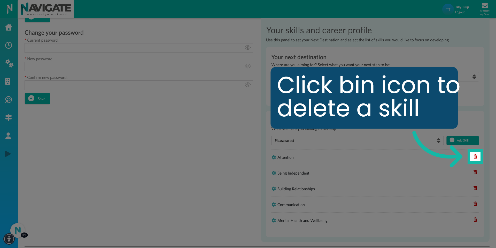 Click Bin Icon To Delete Skill