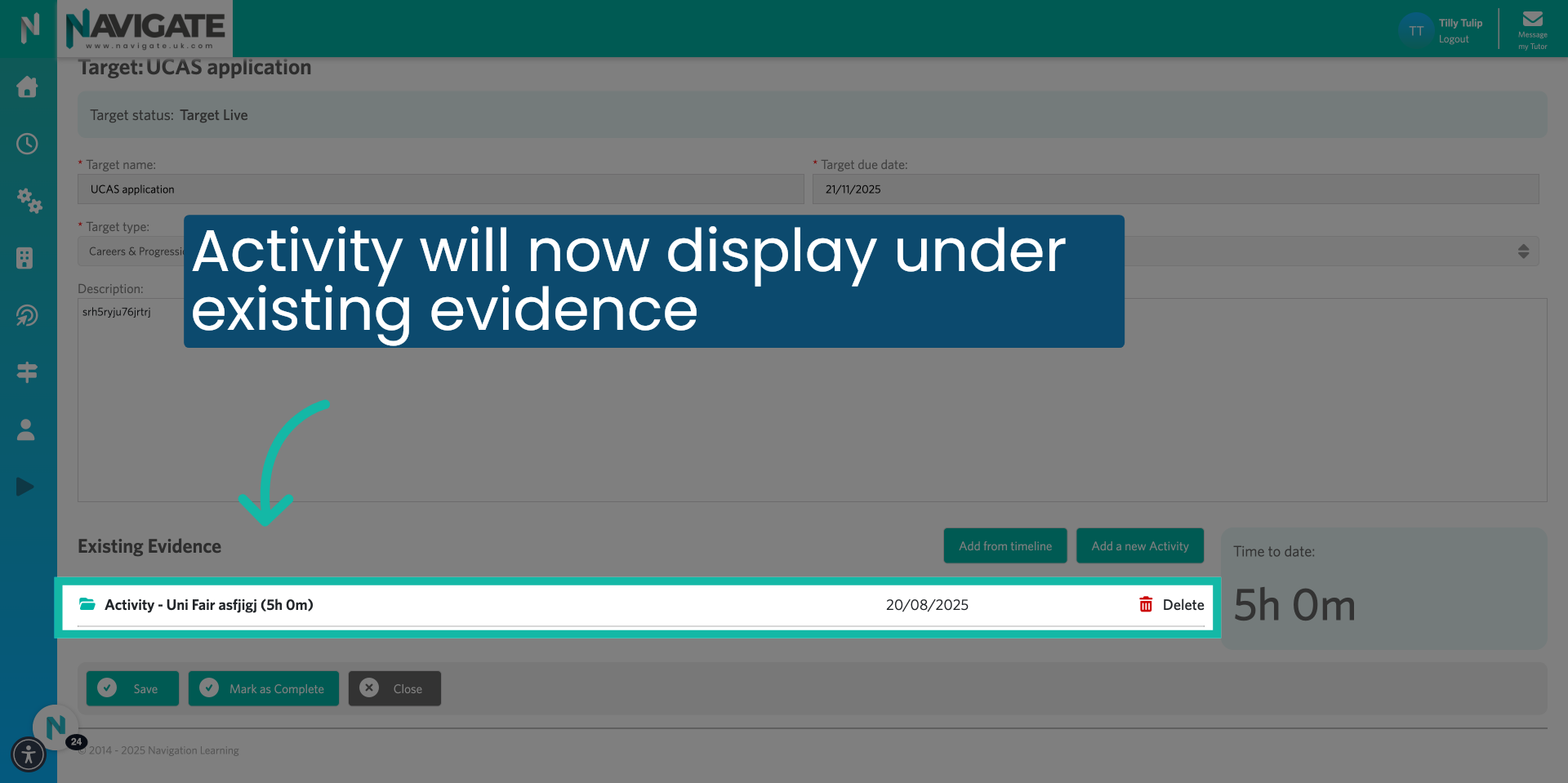 Click 'Activity Displayed in Evidence'