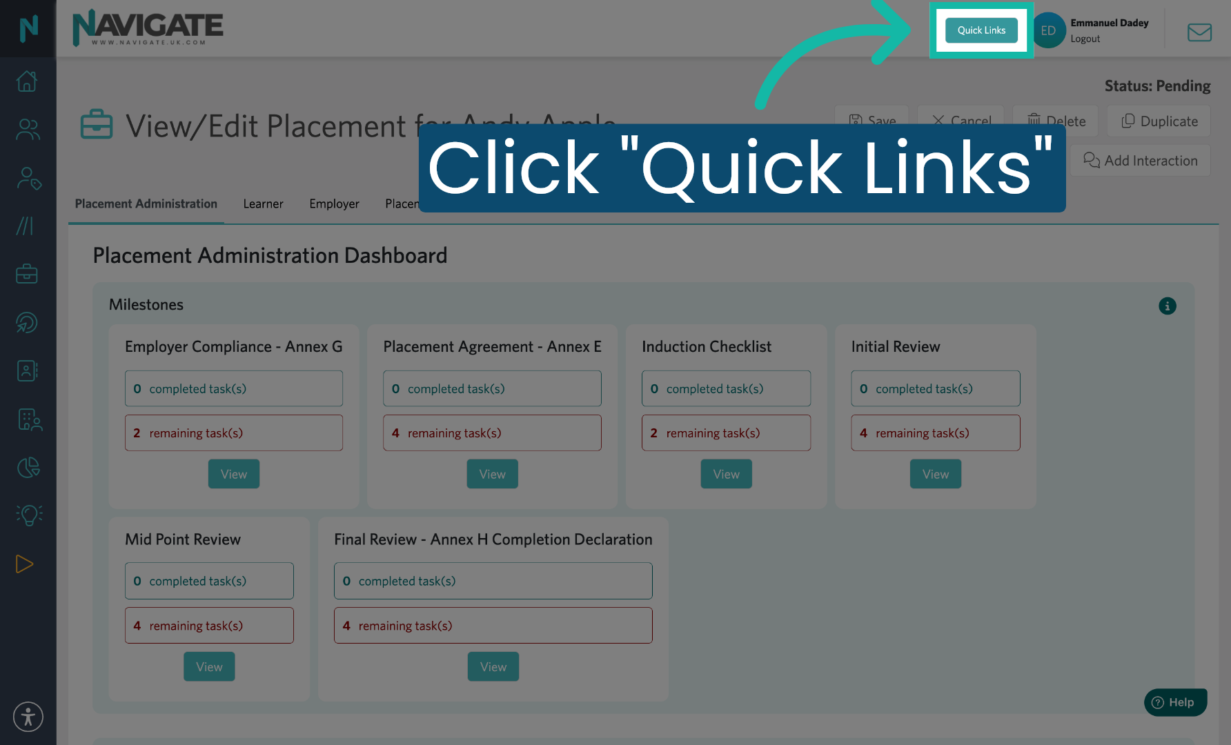 Open Quick Links Menu