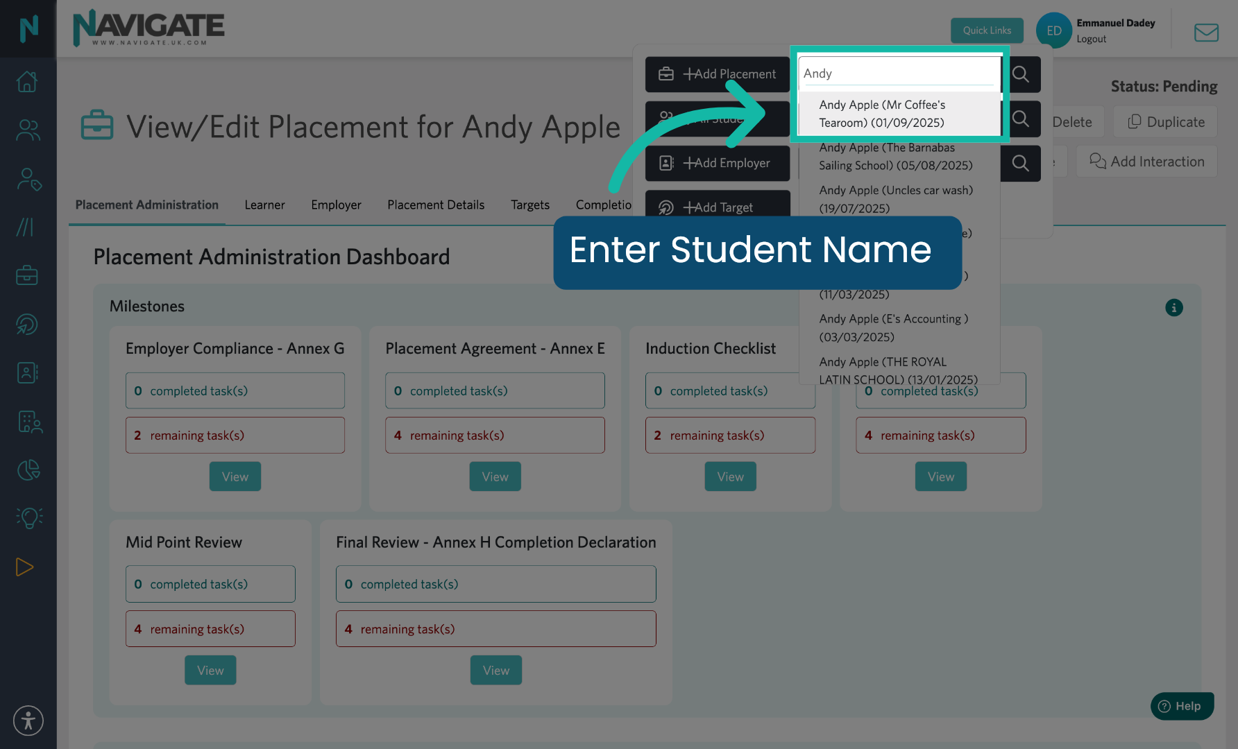 Select Student Placement Record
