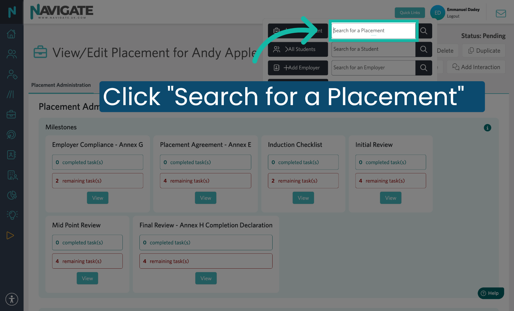 Click 'Search for a Placement'