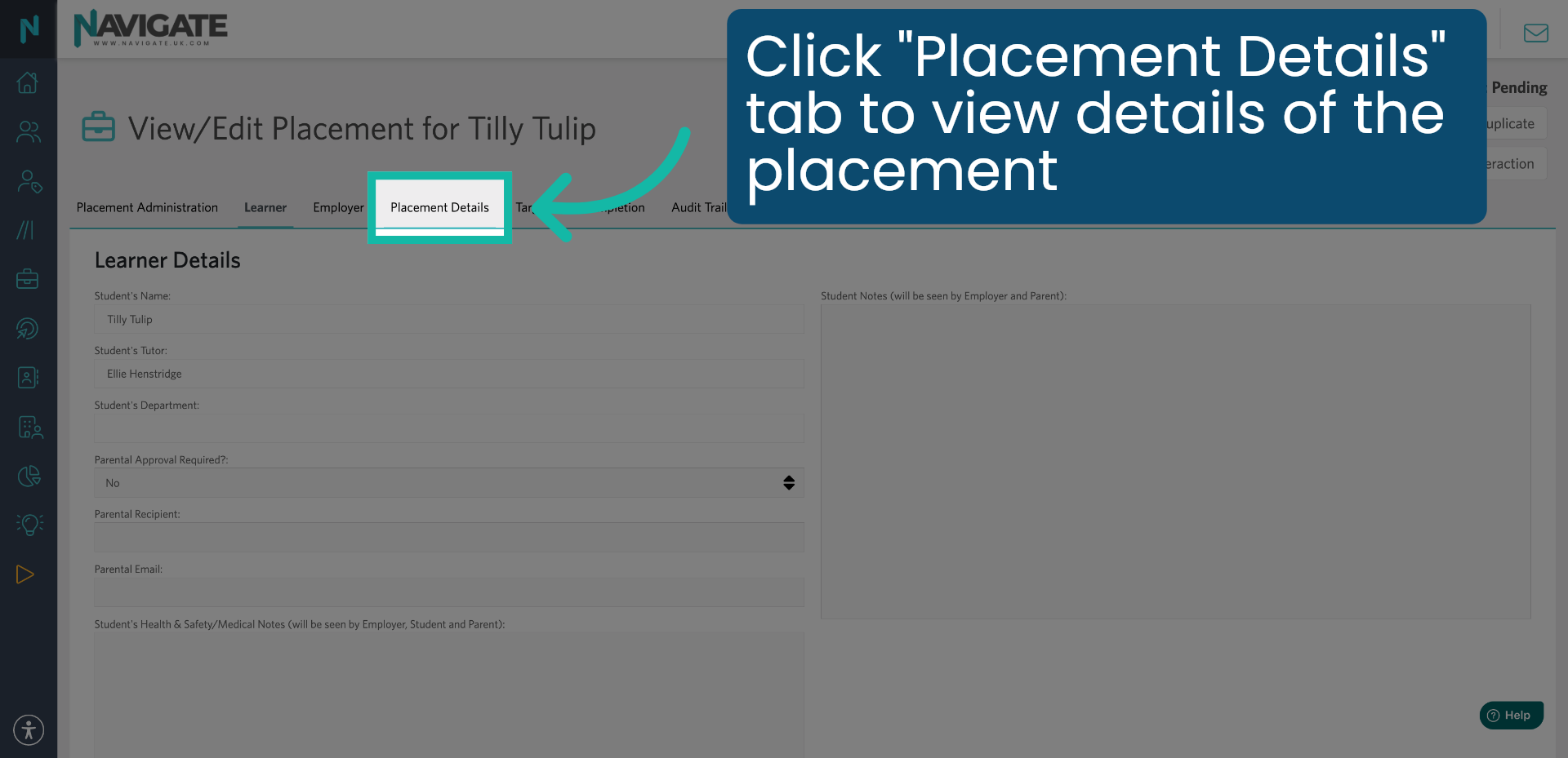 Click 'Placement Details' Tab