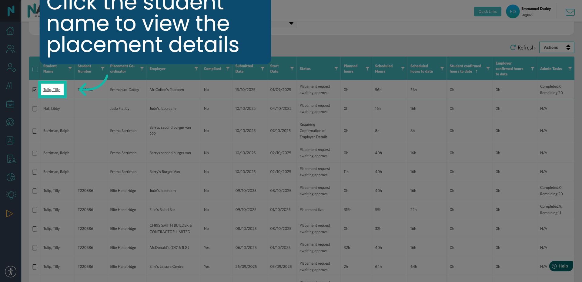 Select Student Name to View Placement Details