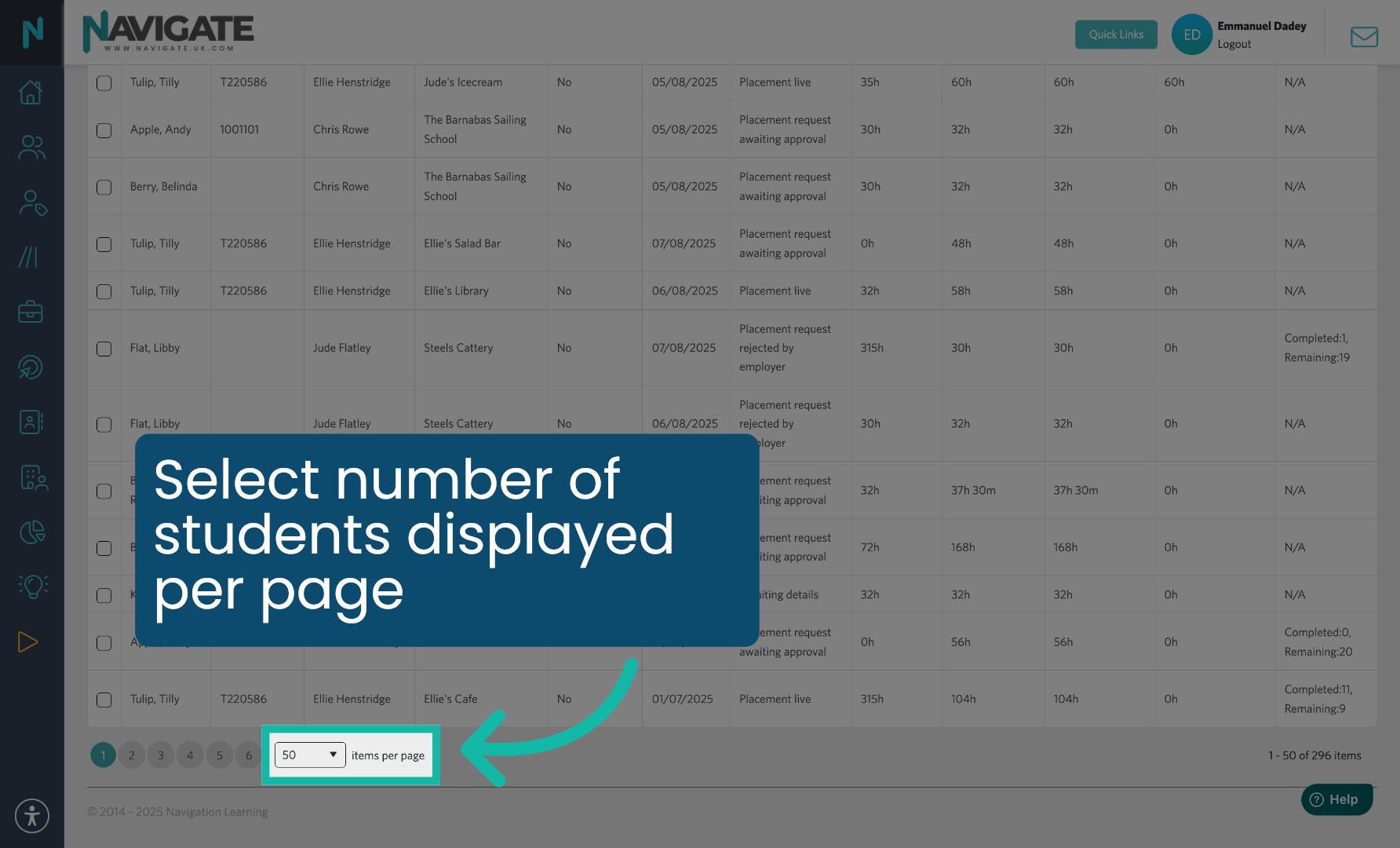 Set Number of Students to Display per Page