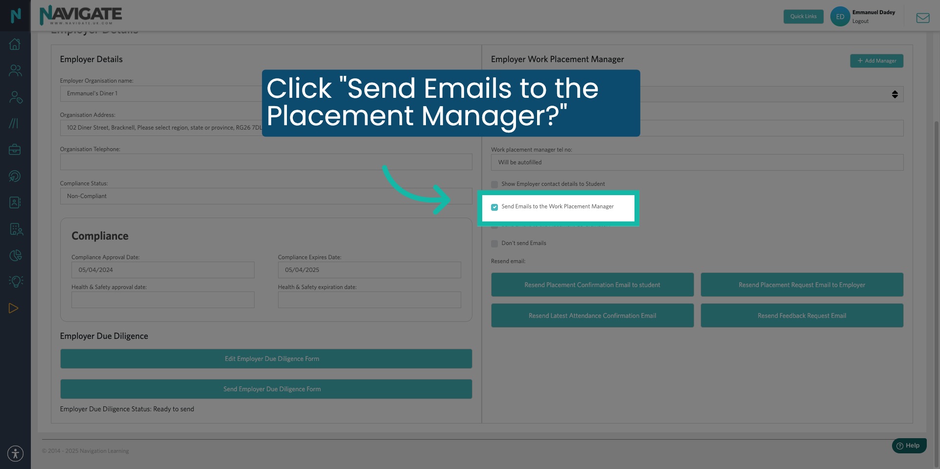 Send Emails to Work Placement Manager 