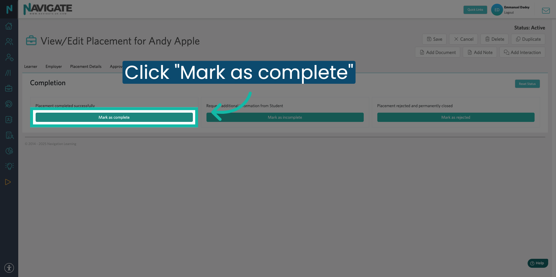 Mark Placement as Complete