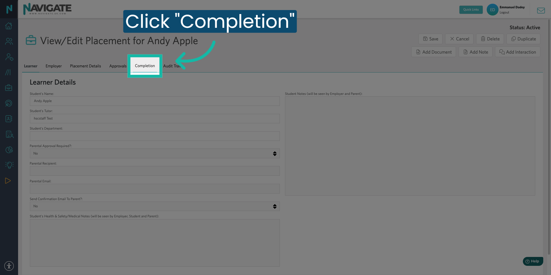 Navigate to Completion Tab