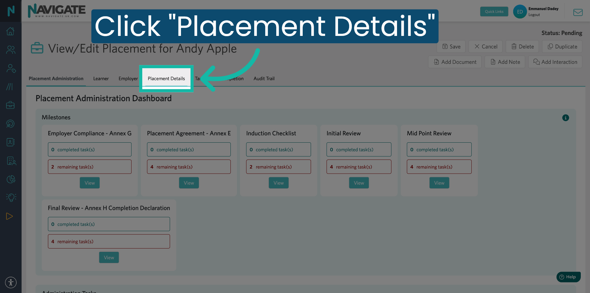 Click Placement Details Tab
