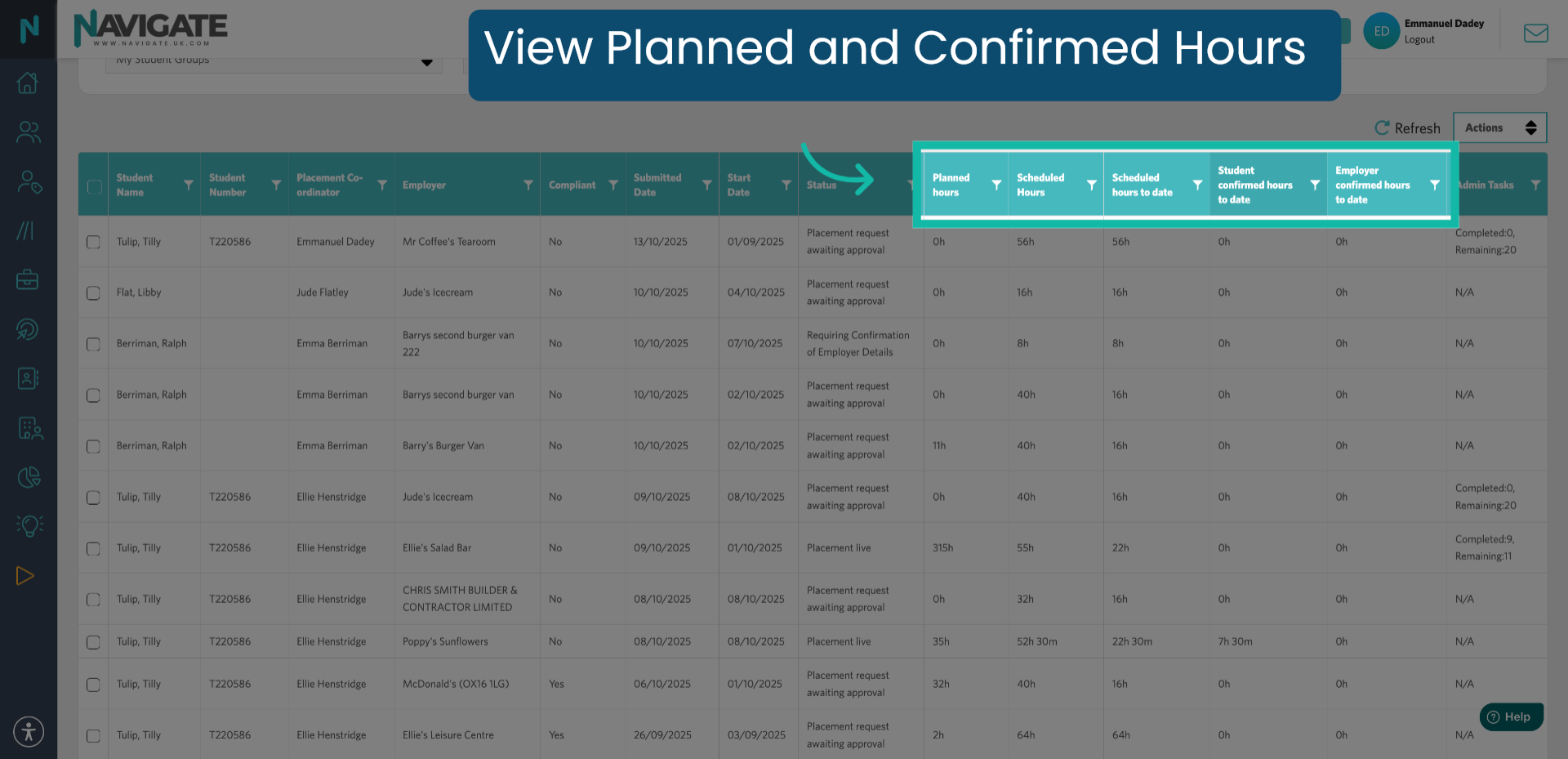 View Placement planned and Confirmed Hours