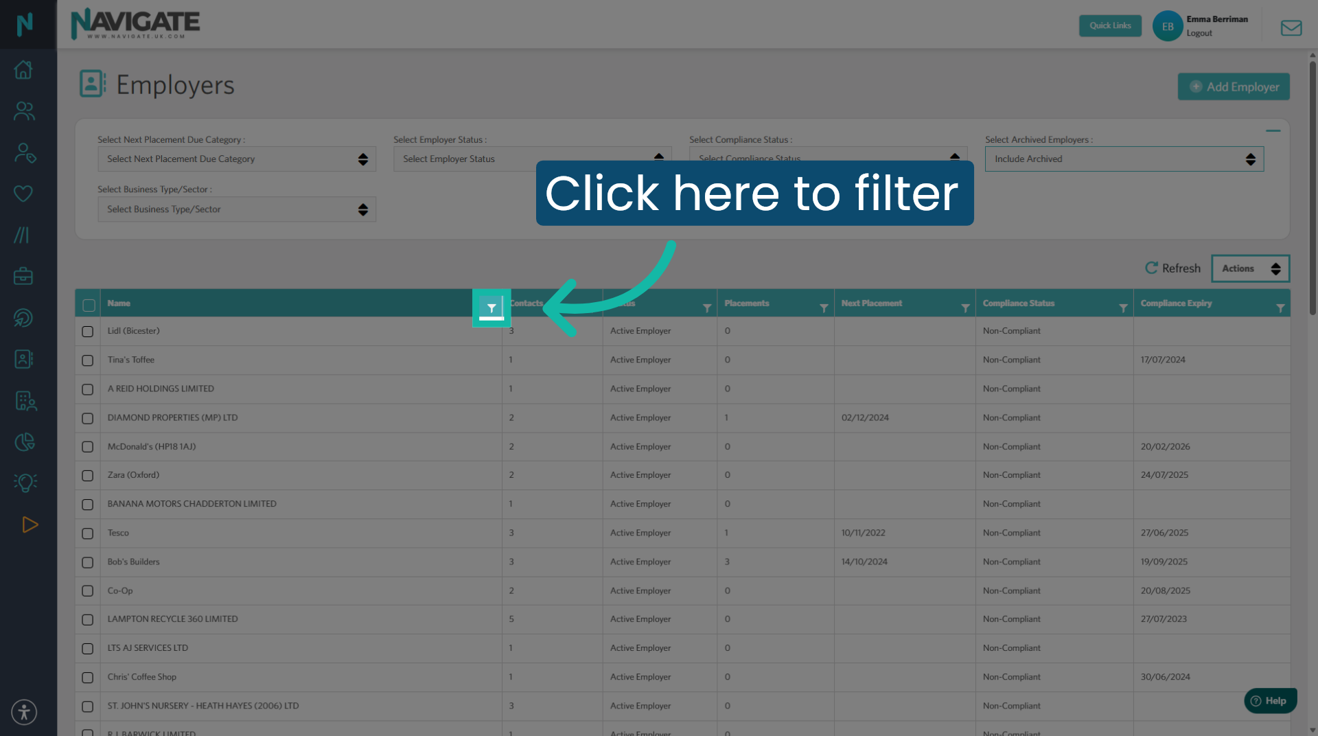 Filter by employer name