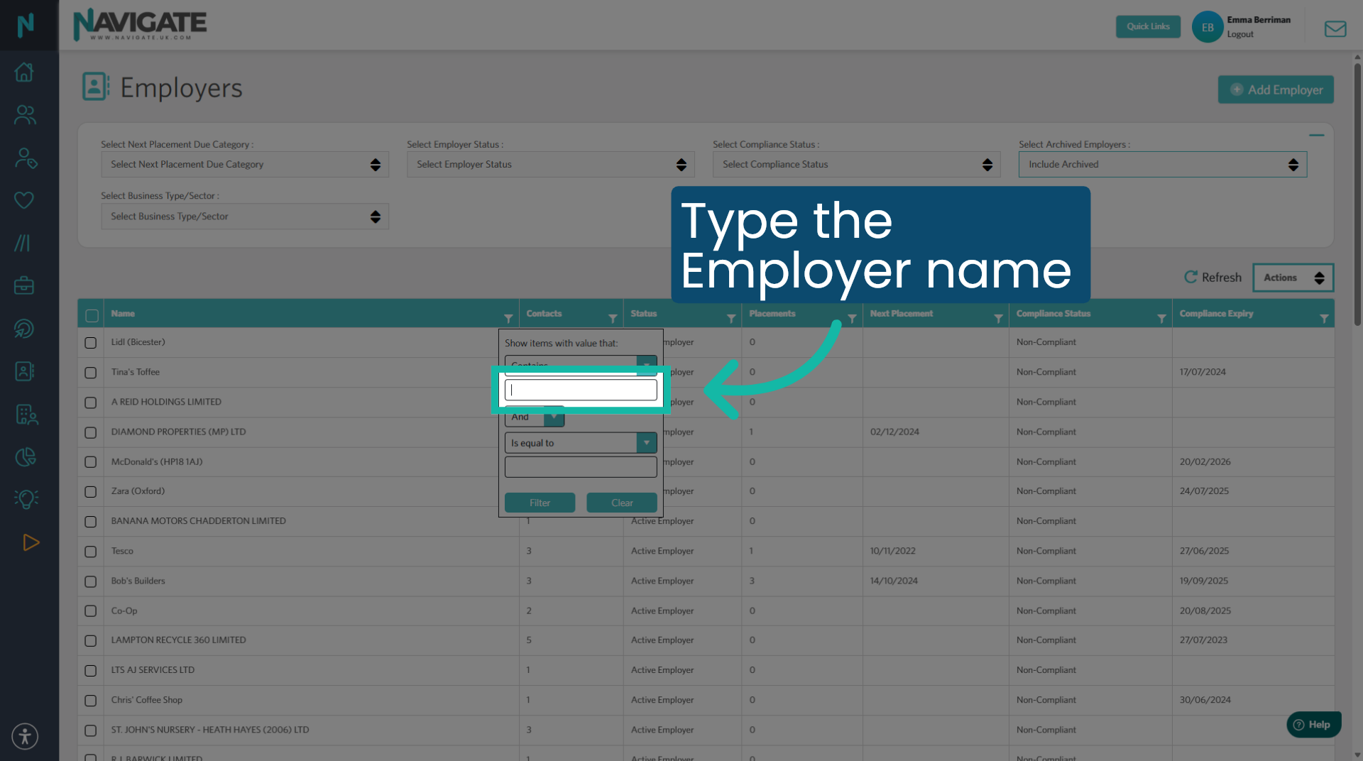 Add the employer name you wish to view records for.