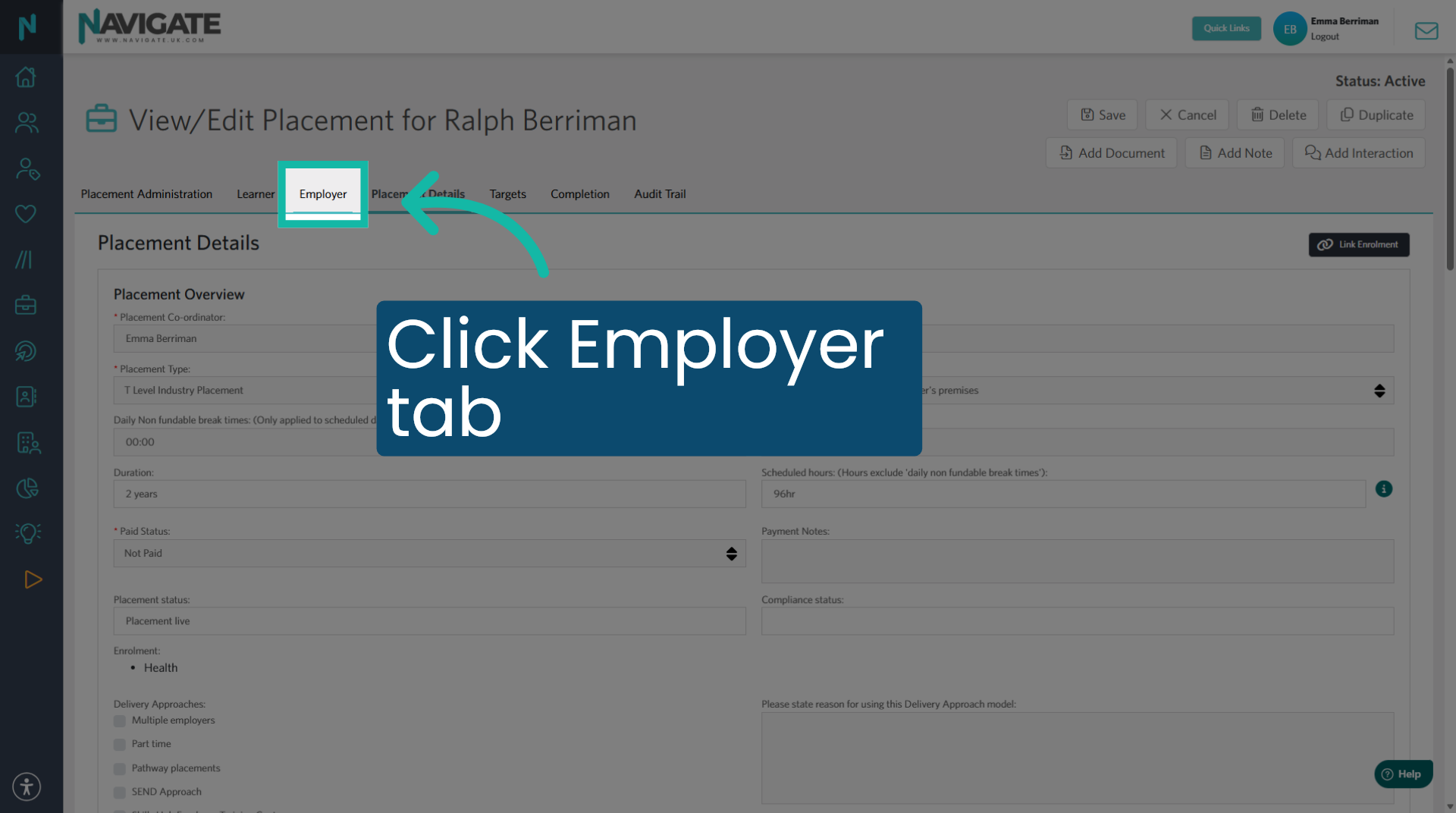 Click into the employer tab