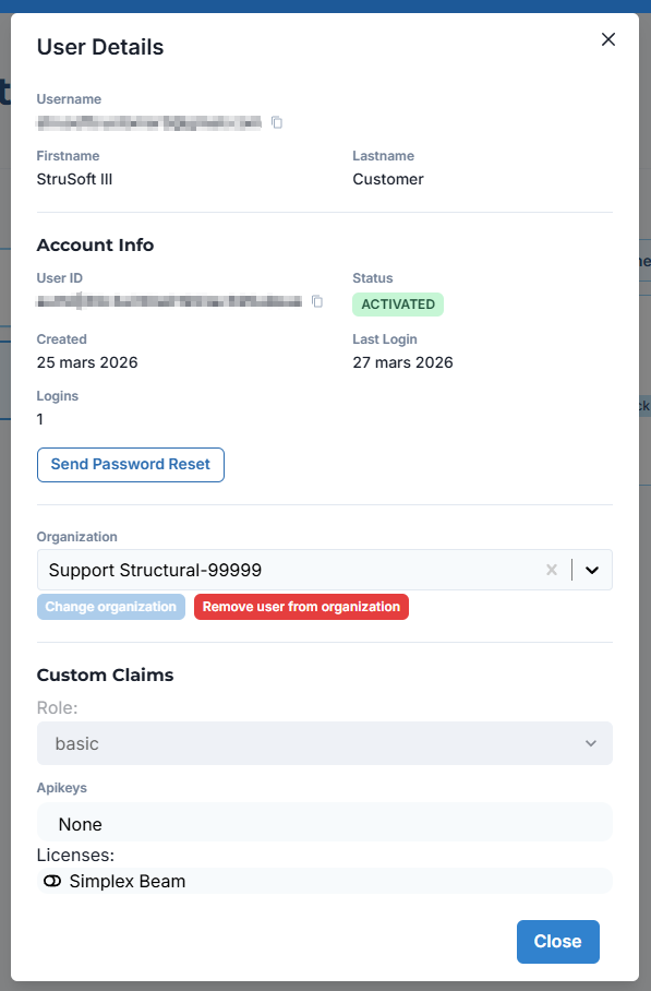 User Details panel