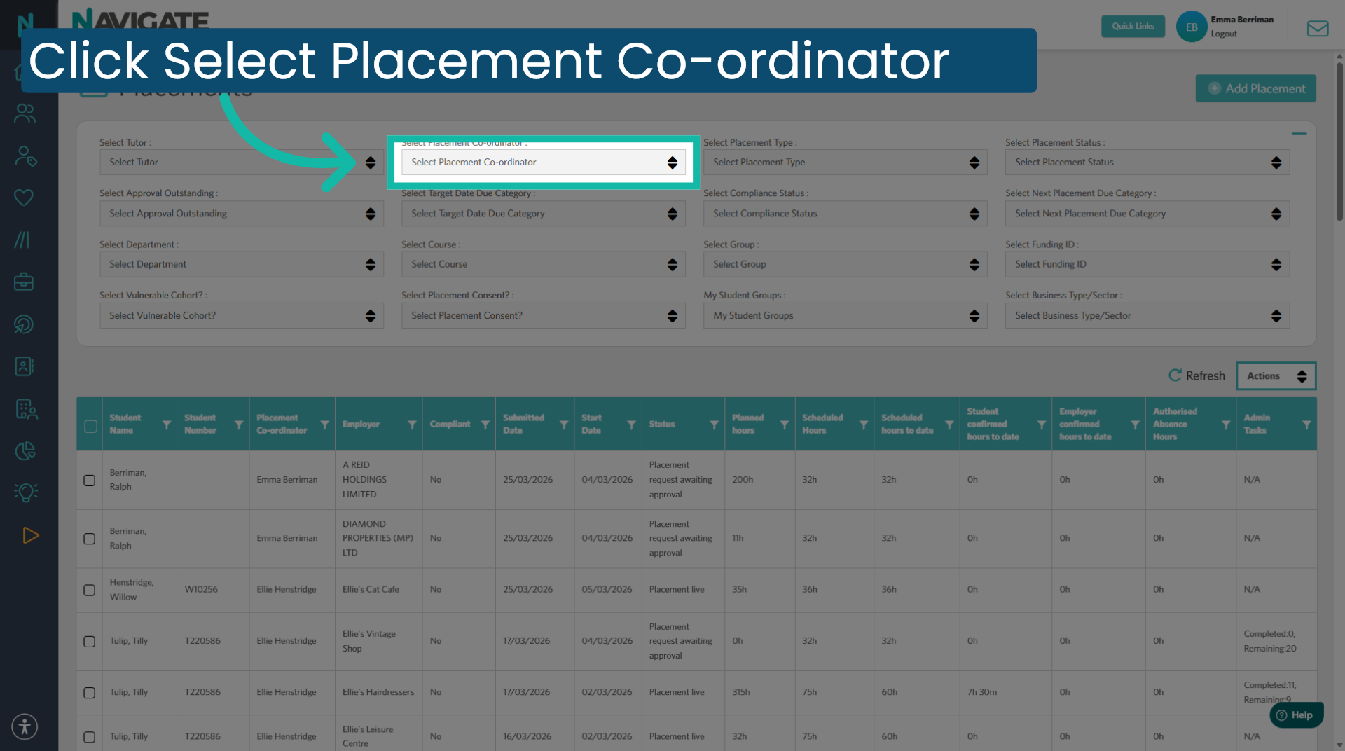 Select Placement Coordinator filter