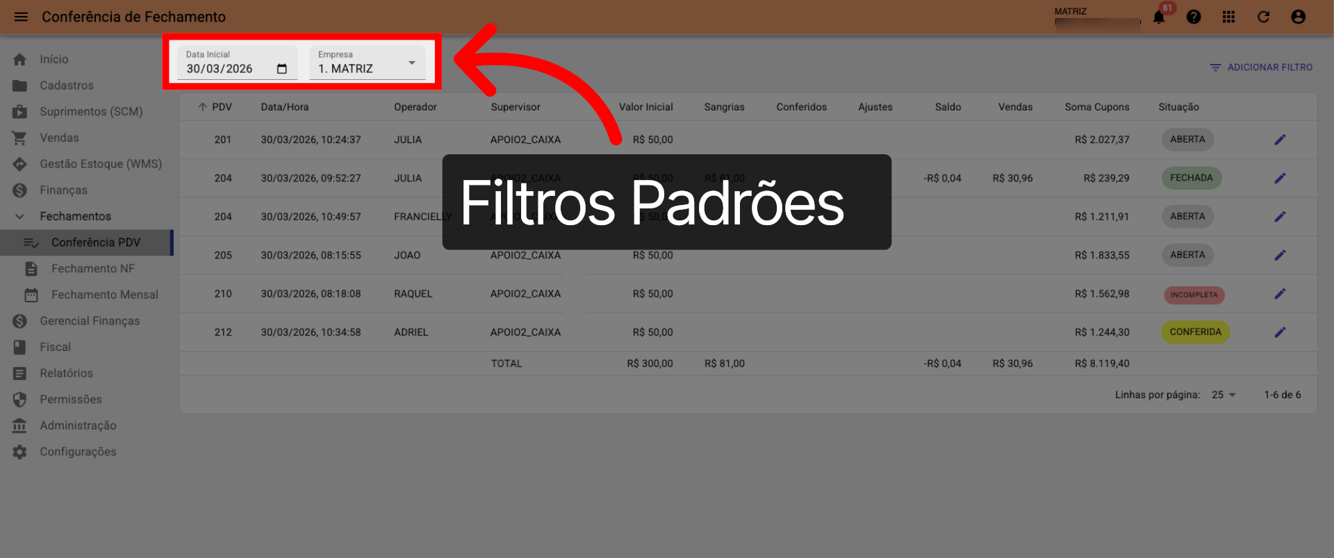 Tela Conferência PDV >>> Filtros Padrões: