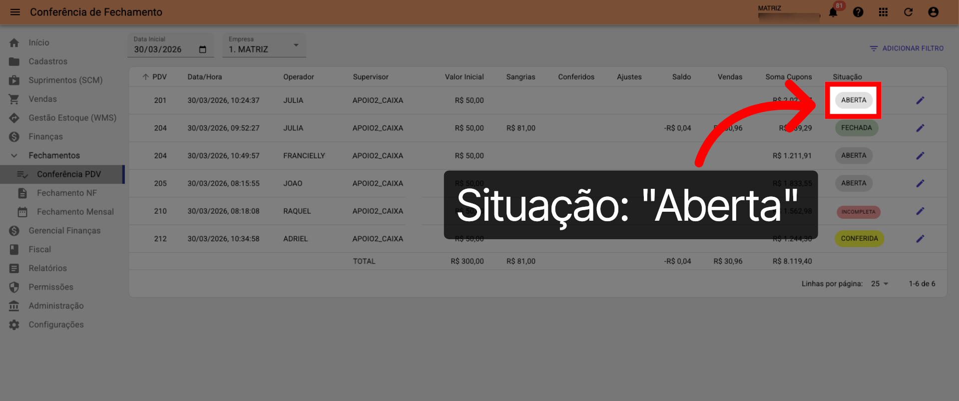Tela Conferência PDV >>> Situação >>> 'Aberta':
