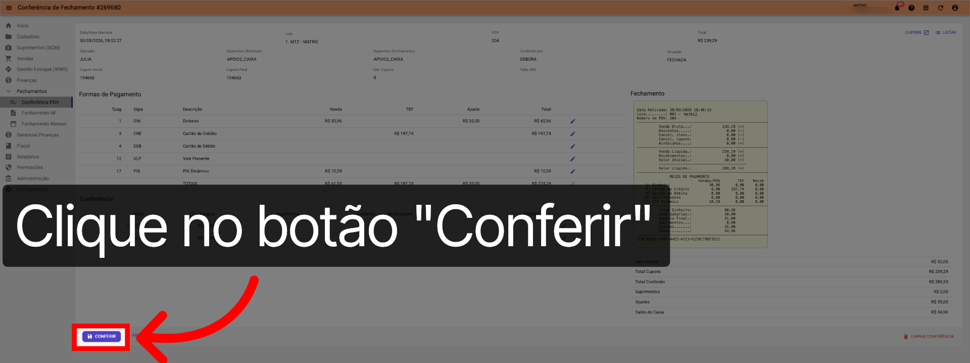Tela Conferência PDV >>> Botão 'Conferir':