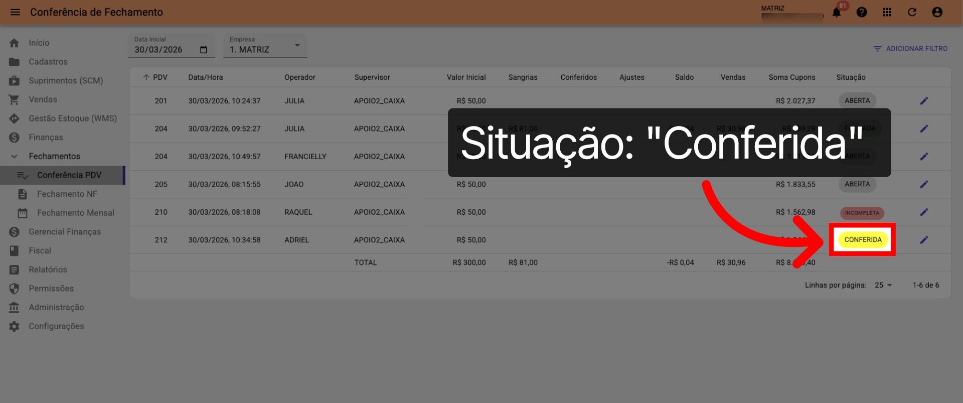 Tela Conferência PDV >>> Situação >>> 'Conferida':