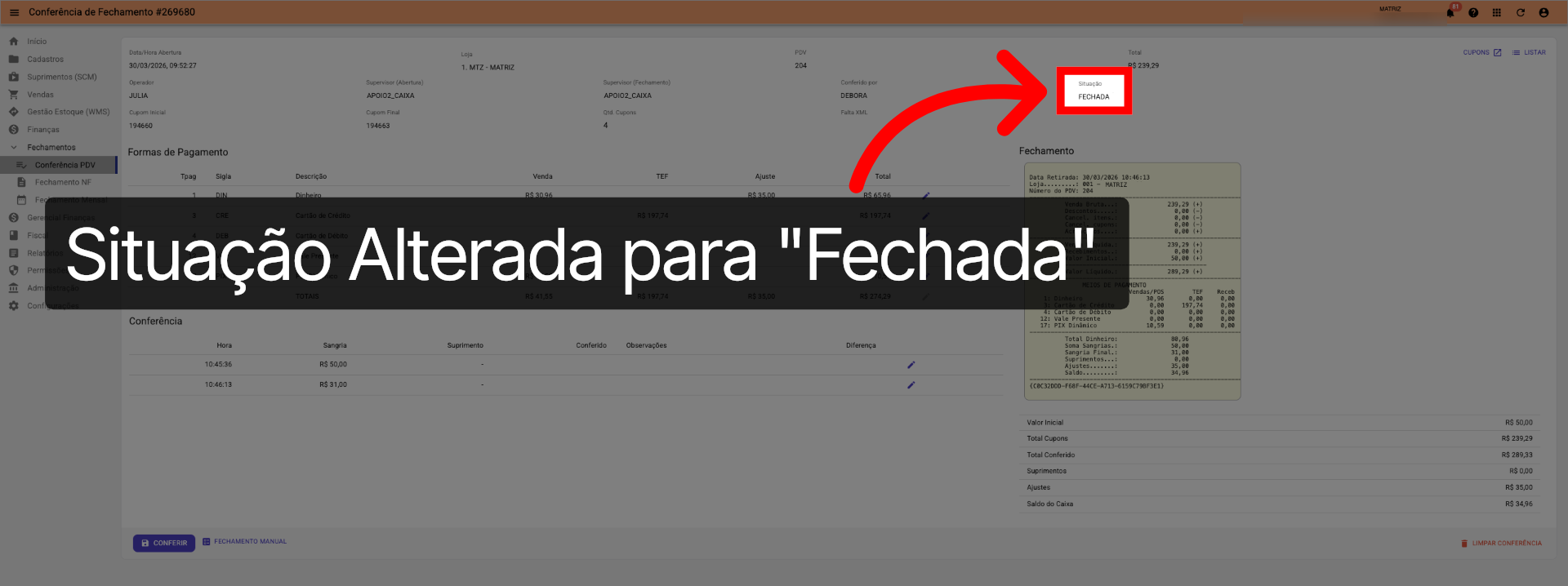Tela Conferência PDV >>> Situação 'Fechada':