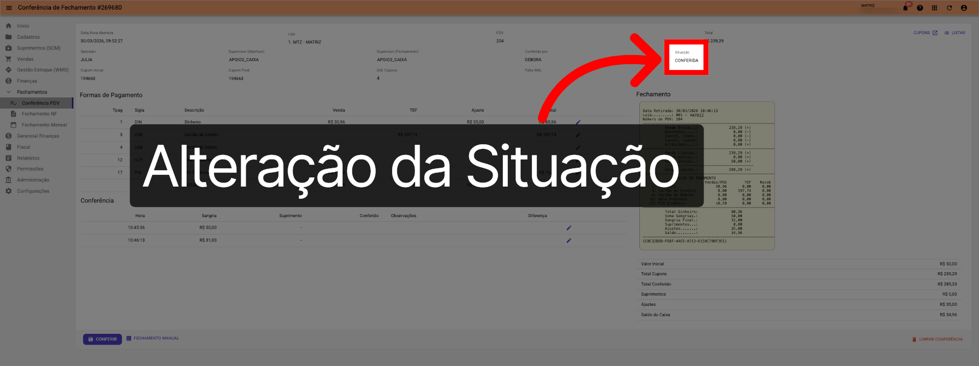 Tela Conferência PDV >>> Situação 'Conferida':