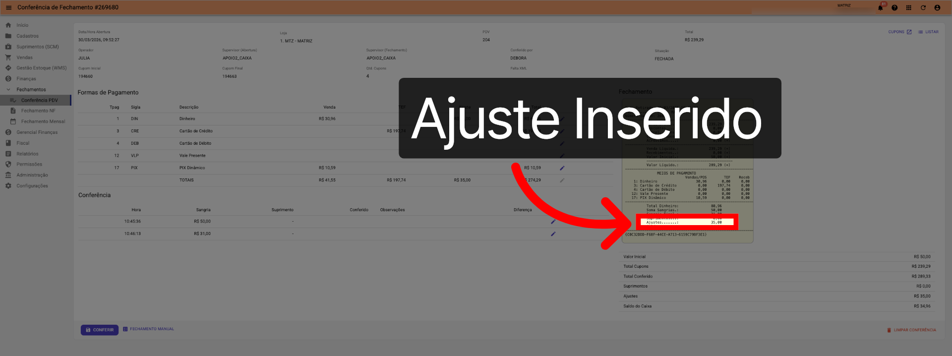 Tela Conferência PDV >>> Comprovante Digital >>> Ajuste Inserido: