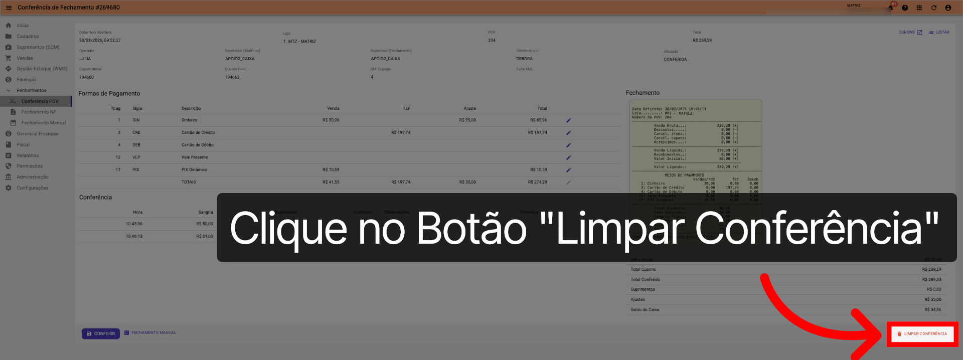 Tela Conferência PDV >>> Botão 'Limpar Conferência':