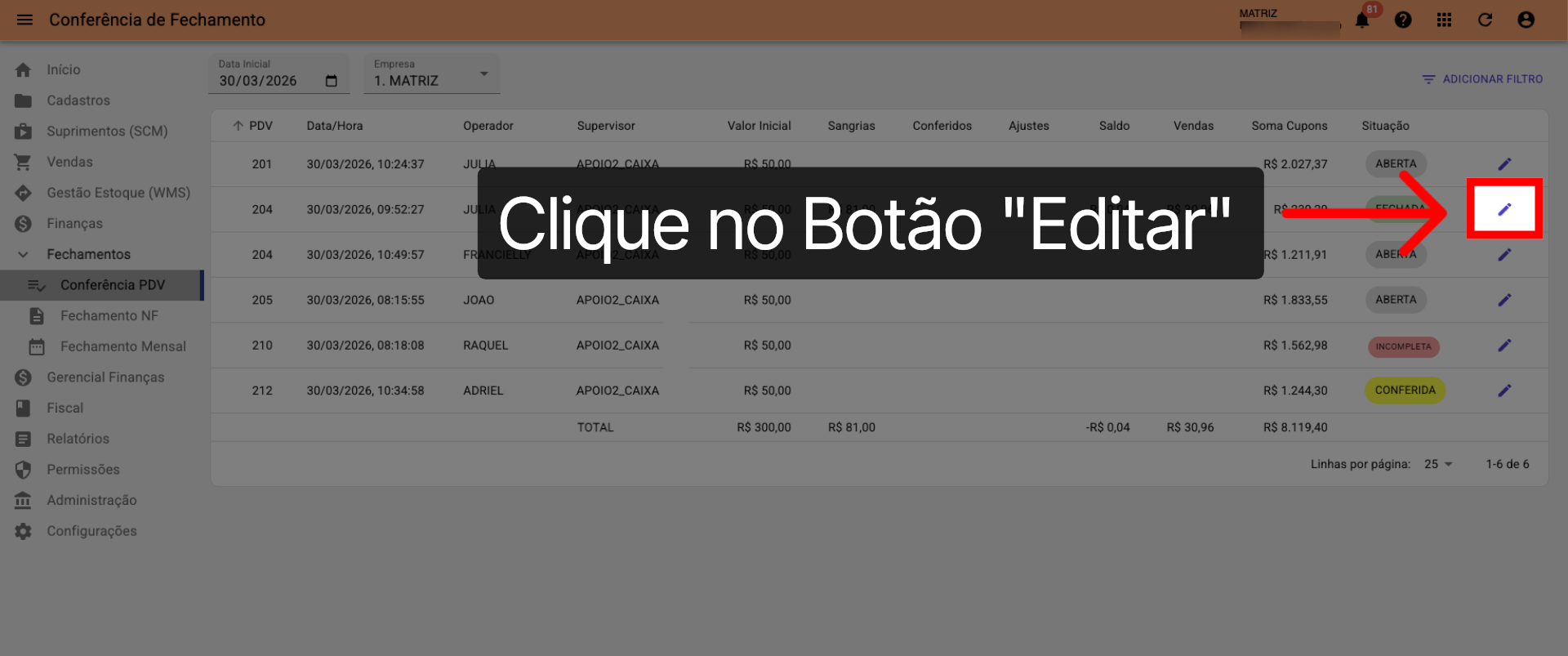 Tela Conferência PDV >>> Situação >>> Fechada >>> Botão >>> 'Editar':