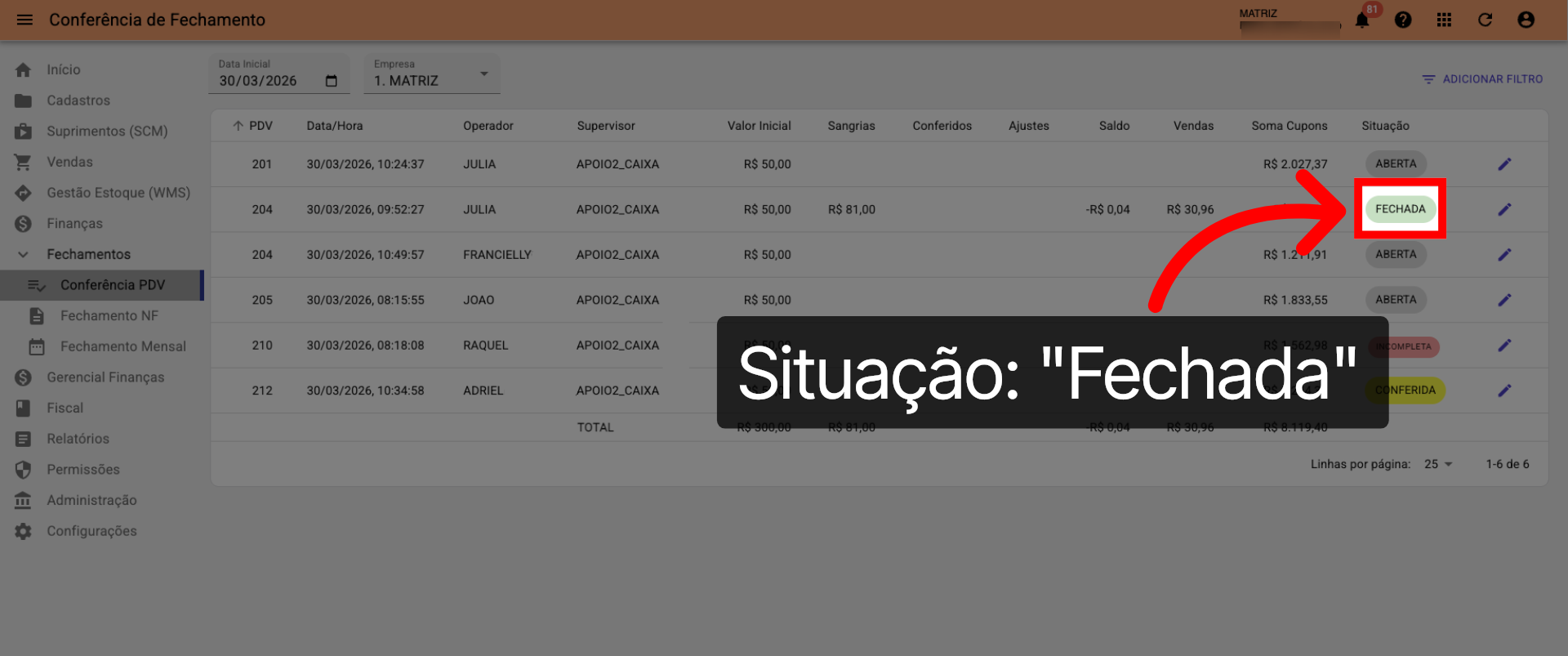 Tela Conferência PDV >>> Situação >>> 'Fechada':