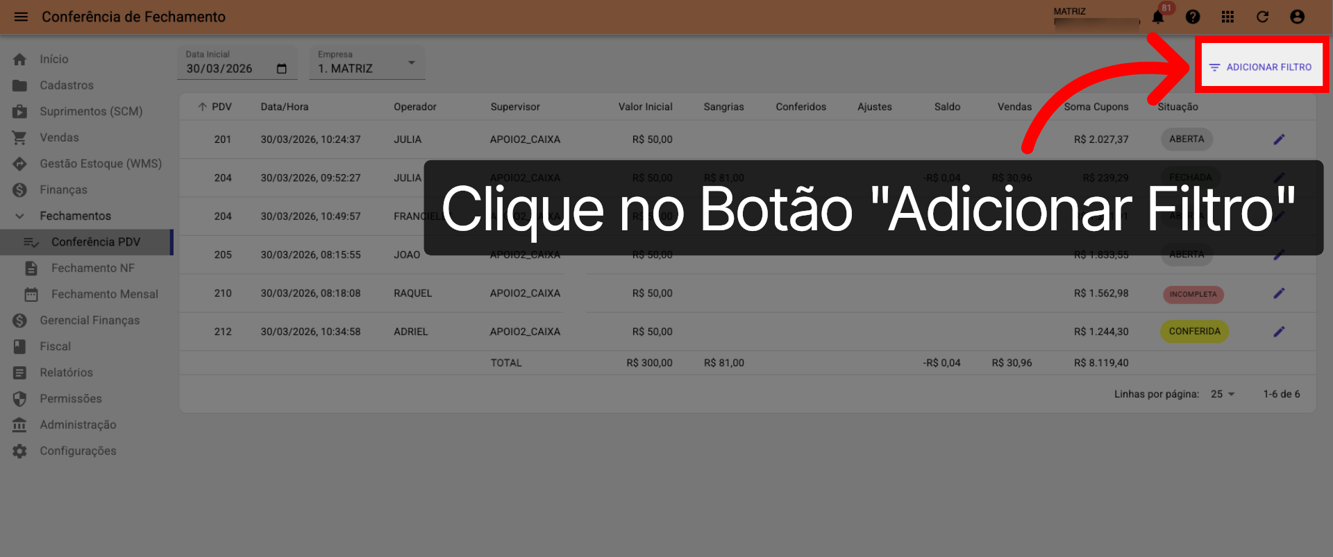 Tela Conferência PDV >>> Filtros Adicionais: