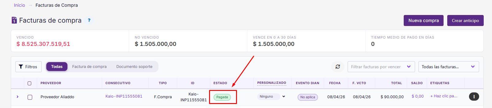 Factura de compra pagada