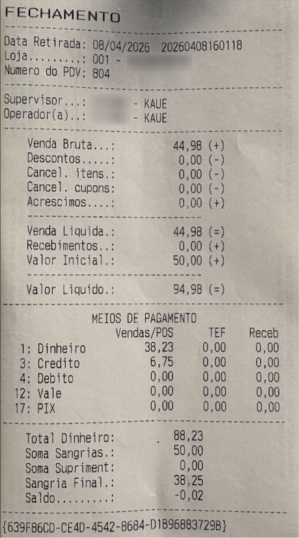 PDV >>> Comprovante Fechamento: