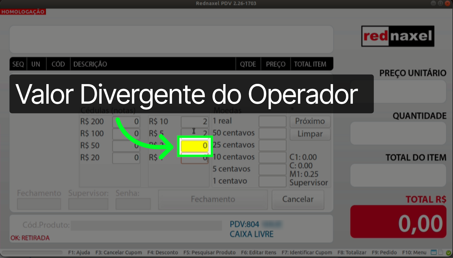 PDV >>> Tela Fechamento >>> Etapa >>> Supervisor >>> 'Divergência Contagem:'