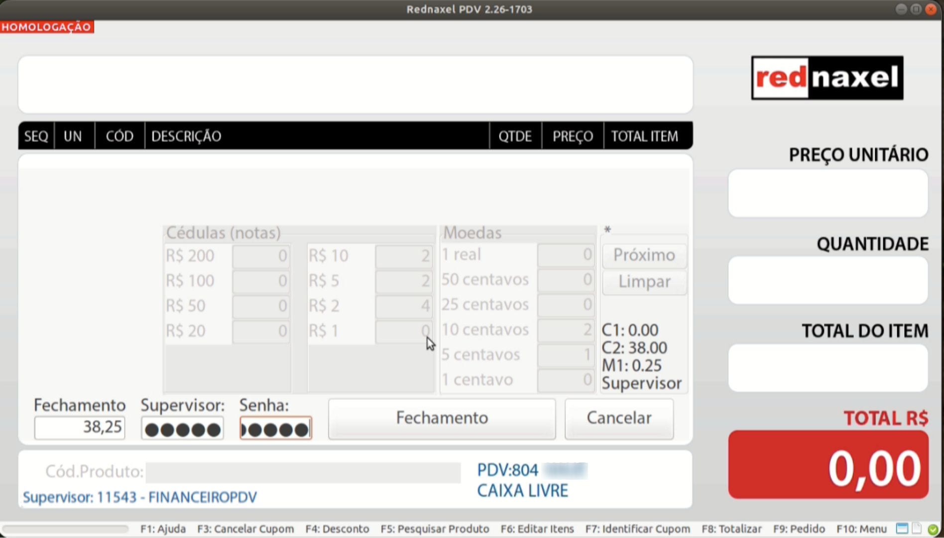 PDV >>> Tela Fechamento >>> Etapa >>> Supervisor >>> Campo >>> 'Senha':
