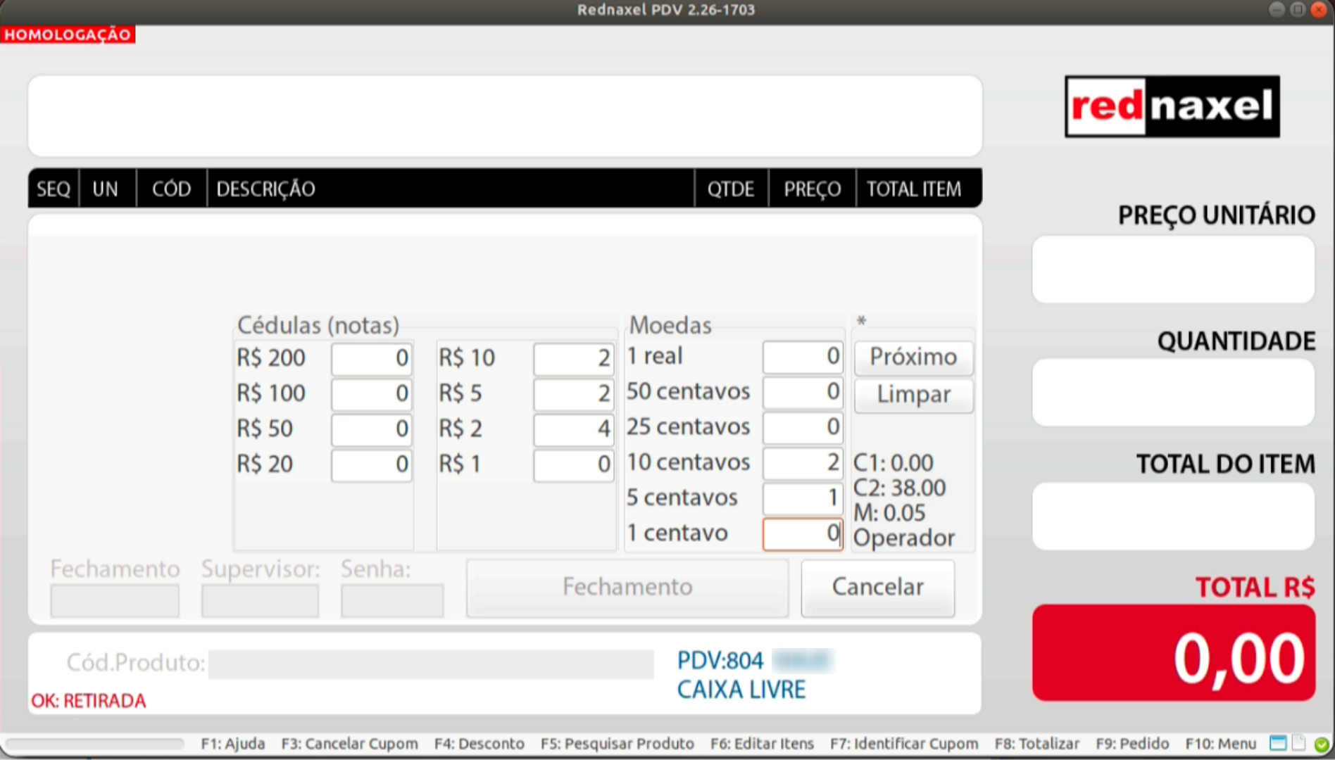 PDV >>> Tela Fechamento >>> Etapa >>> Operador >>> Exemplo: