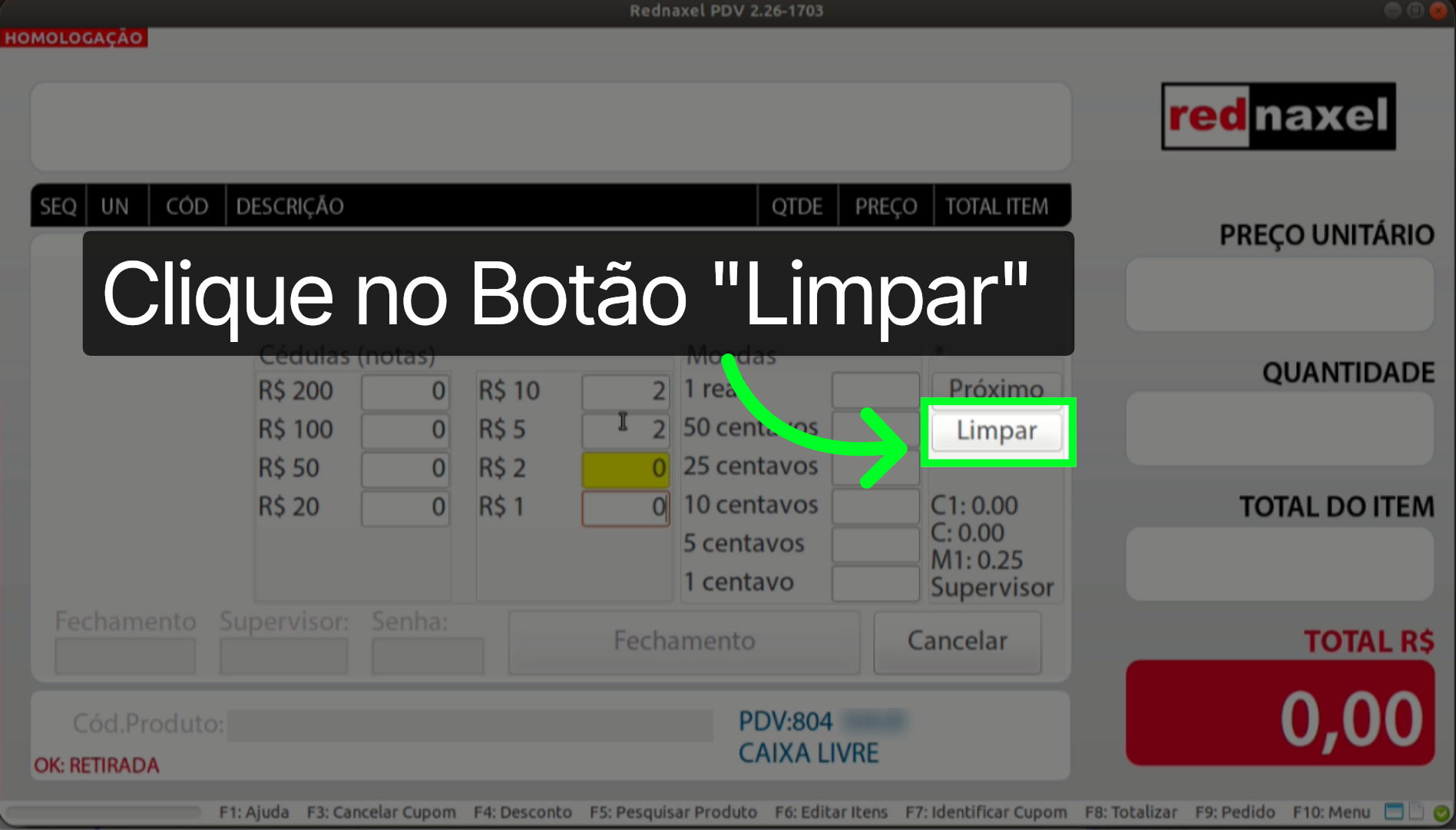 PDV >>> Tela Fechamento >>> Etapa >>> Supervisor >>> 'Divergência Contagem:'