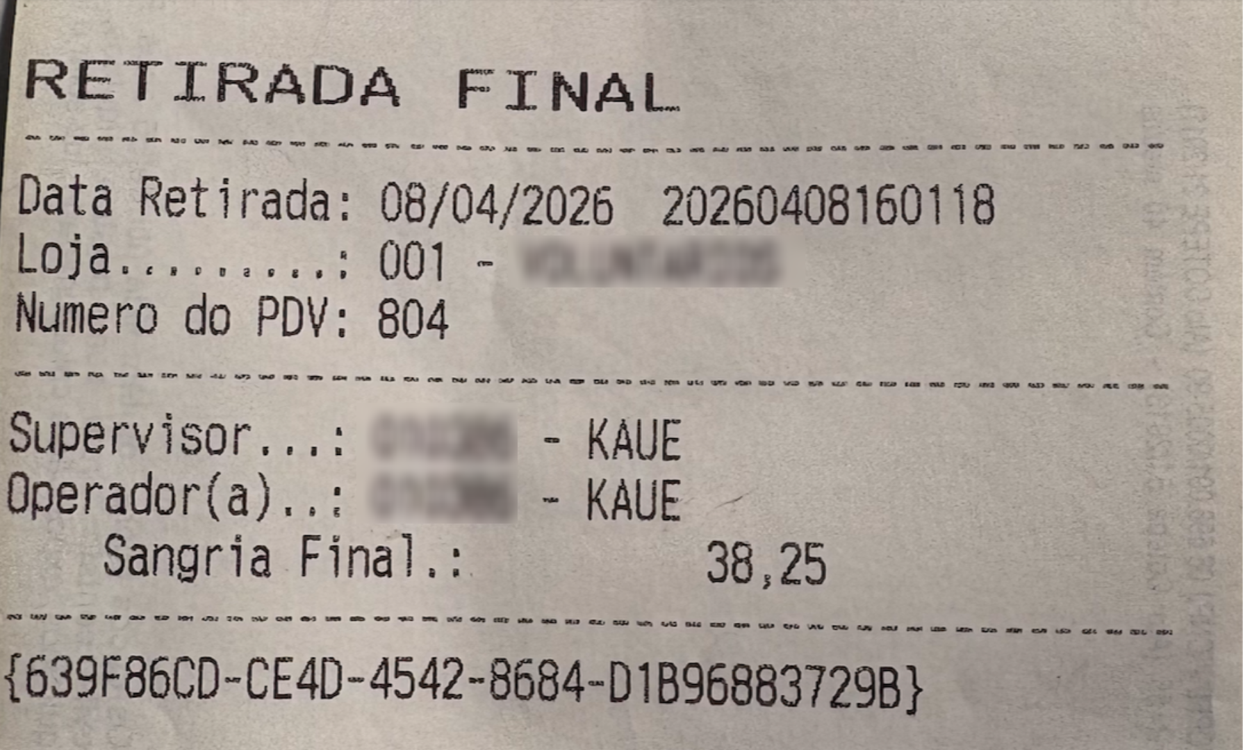 PDV >>> Comprovante Retirada Final: