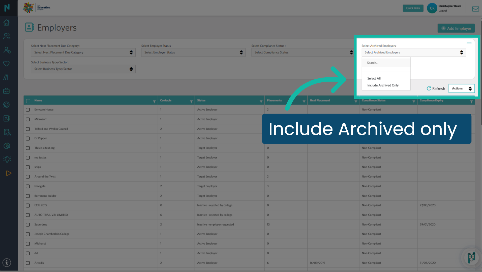 Include Archived only Employers