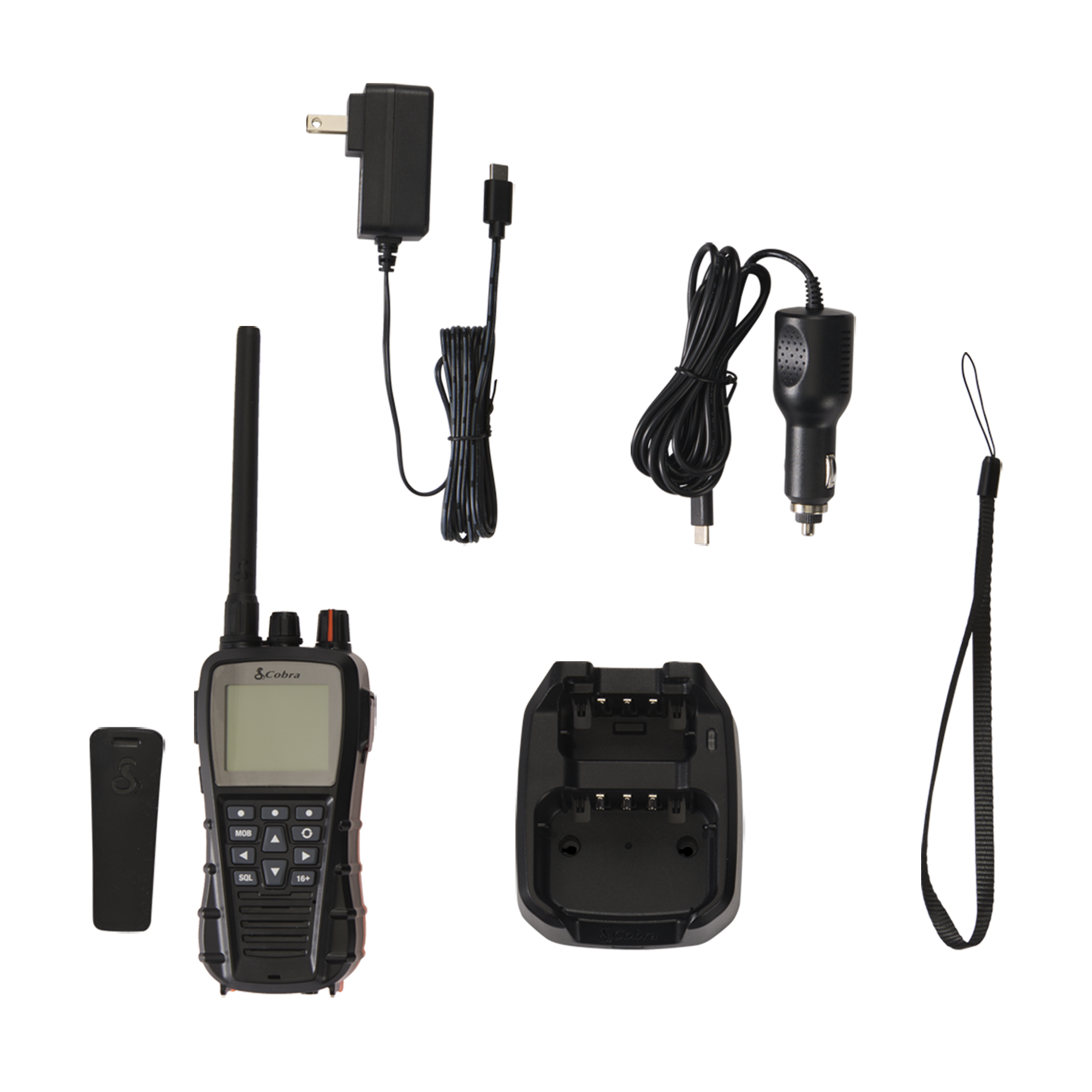 Image of BlueBound 650 radio and its charging base, USB-C to 12volt DC charging cable, USB-C to AC charging adapter, belt clip and wrist strap
